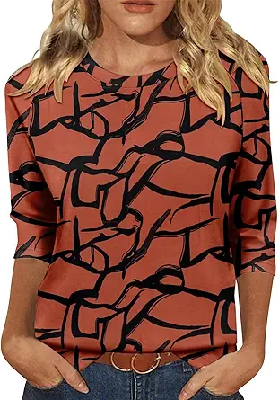 KISSMODA Tunic Tops for Women Loose Fit Dressy Round Neck Pleated 3/4 Length Sleeve Spring Tops