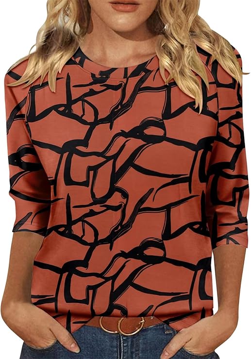 KISSMODA Tunic Tops for Women Loose Fit Dressy Round Neck Pleated 3/4 Length Sleeve Spring Tops