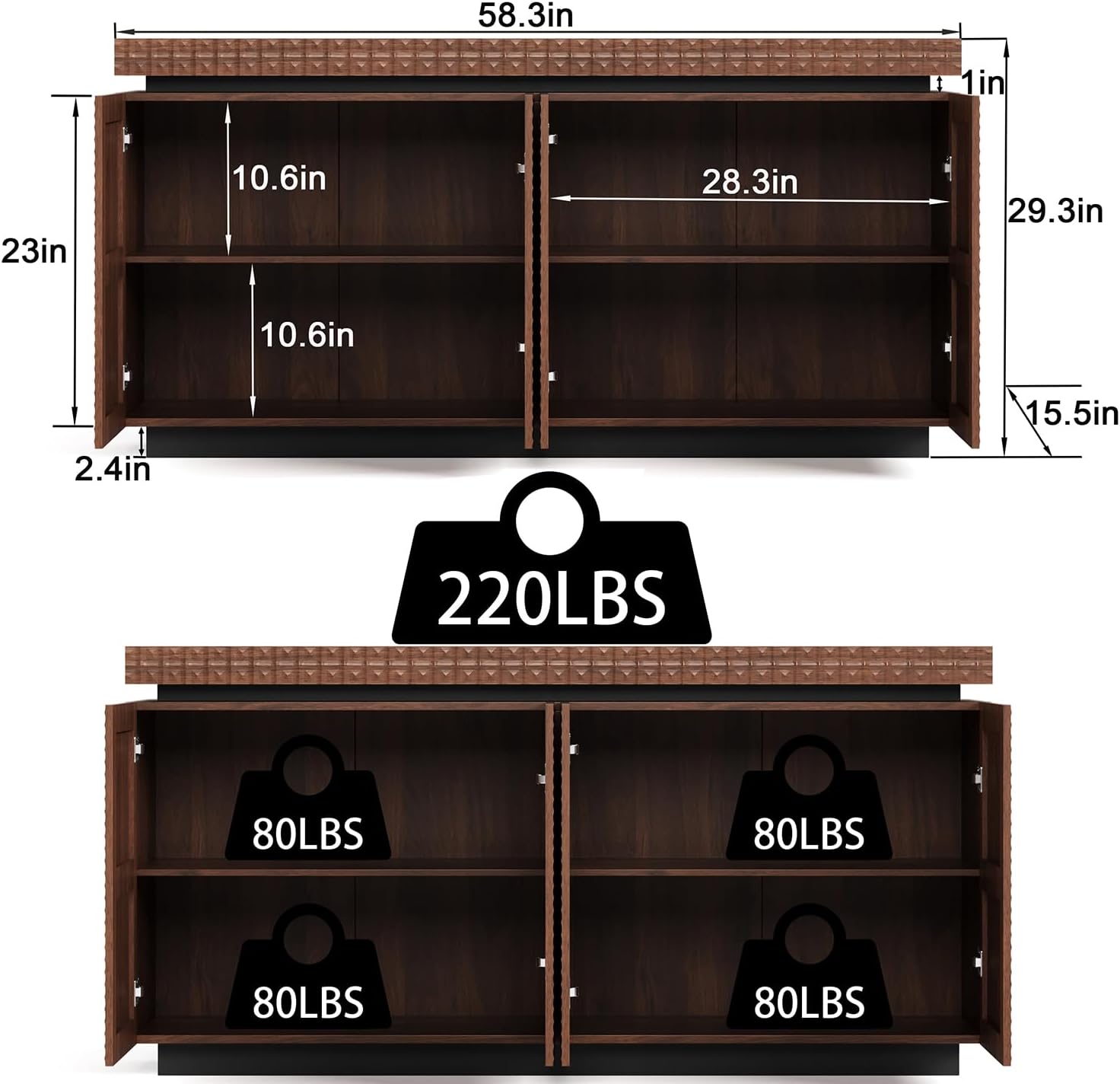 Sideboard Buffet Cabinet with Storage, 58" Mid-Century Fluted Carving Modern Storage Cabinet with 4 Doors and Shelves,Farmhouse Coffee Bar Credenzas for Entryway, Living Room
