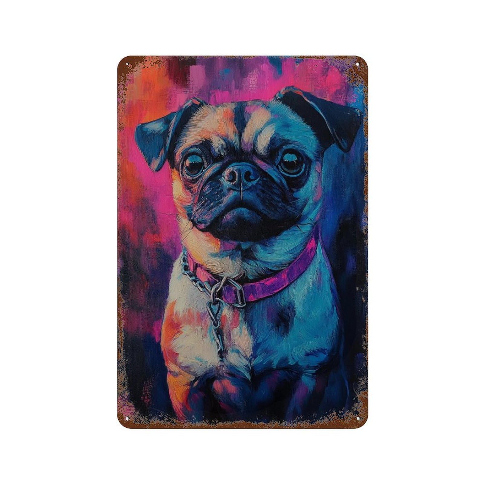 Colorful Pug Art Print-4 11.8"x7.9" Distressed Metal Wall Sign, Retro Wall Decor for Garage, Bar And Workshop Decor