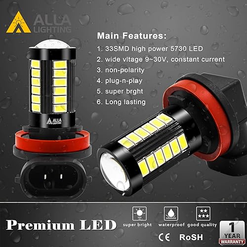 Miniatura 6 de Alla Lighting Bombillas LED antiniebla H16 compatibles con vehículos japoneses, xenón blanco de 6000 K, 2800 lm superbrillante 5730 33-SMD para