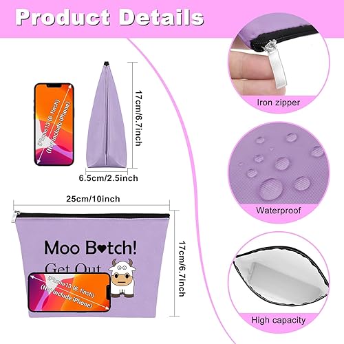 Miniatura 2 de Bolsa de maquillaje de vaca, regalo para amantes de las vacas, regalos para niñas, mujeres, bolsa de cosméticos de vaca, Púrpura