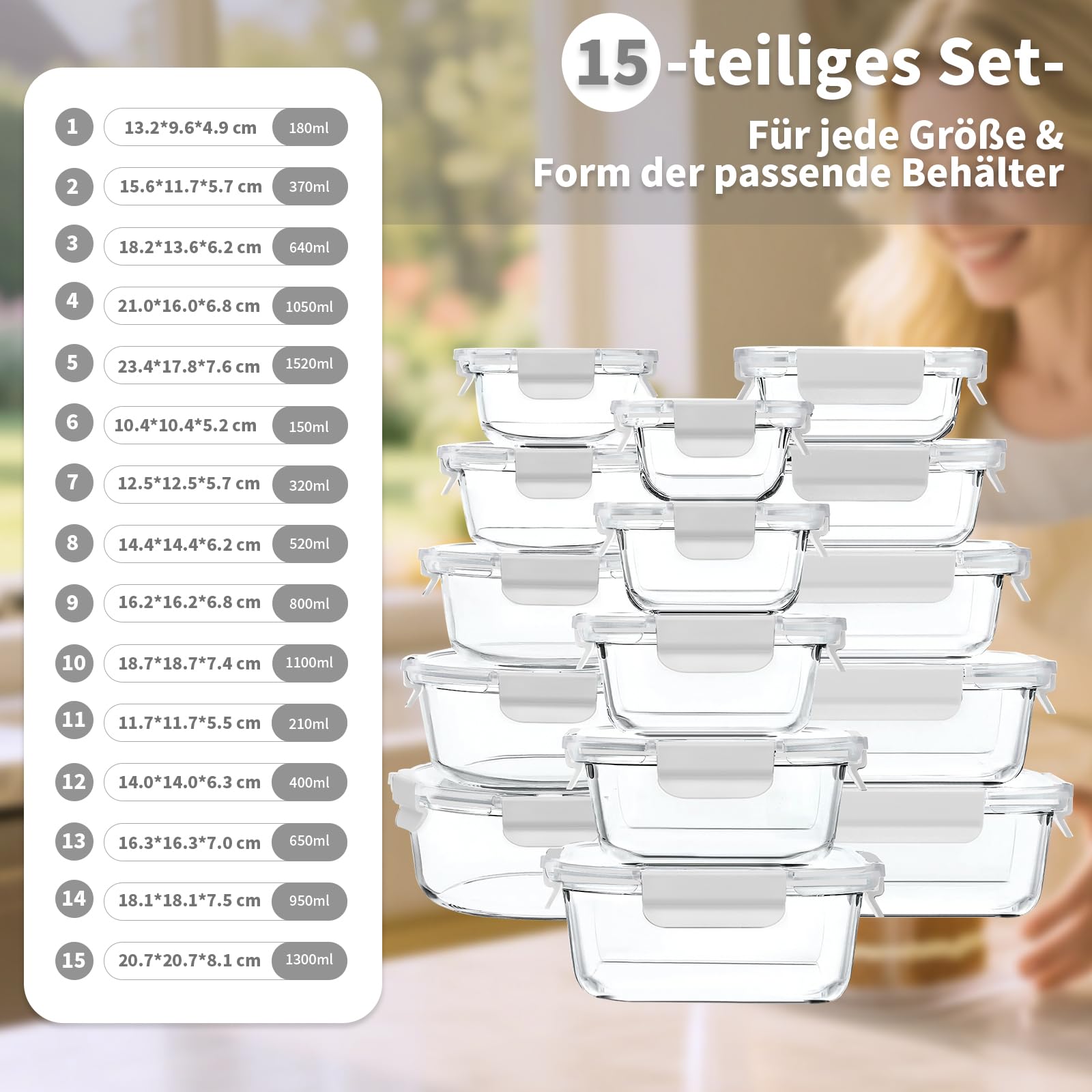 Meal Prep Cajas de cristal, tarros de cristal con tapa, juego de recipientes herméticos con tapa a prueba de fugas, para microondas, congelador y fregadero, 15 unidades, color blanco