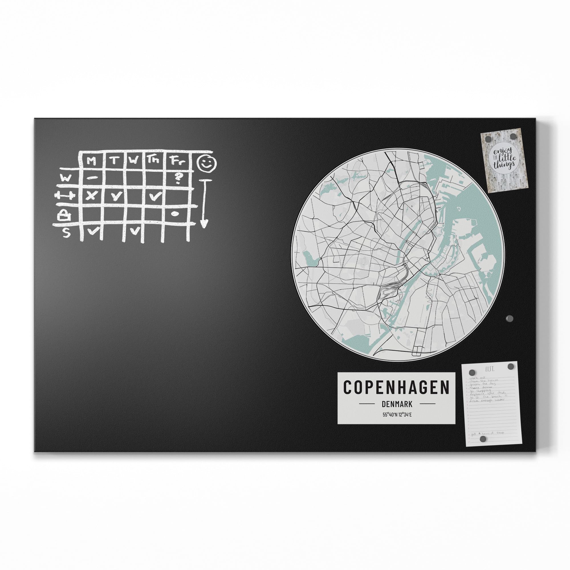DEQORI Magnetyczna tablica do pisania kredą z nadrukiem UV | motyw "Mapa miasta Copenhagen" | prostokątna tablica kredowa do pisania – dekoracja ścienna do kuchni, korytarza, pokoju dziecięcego i
