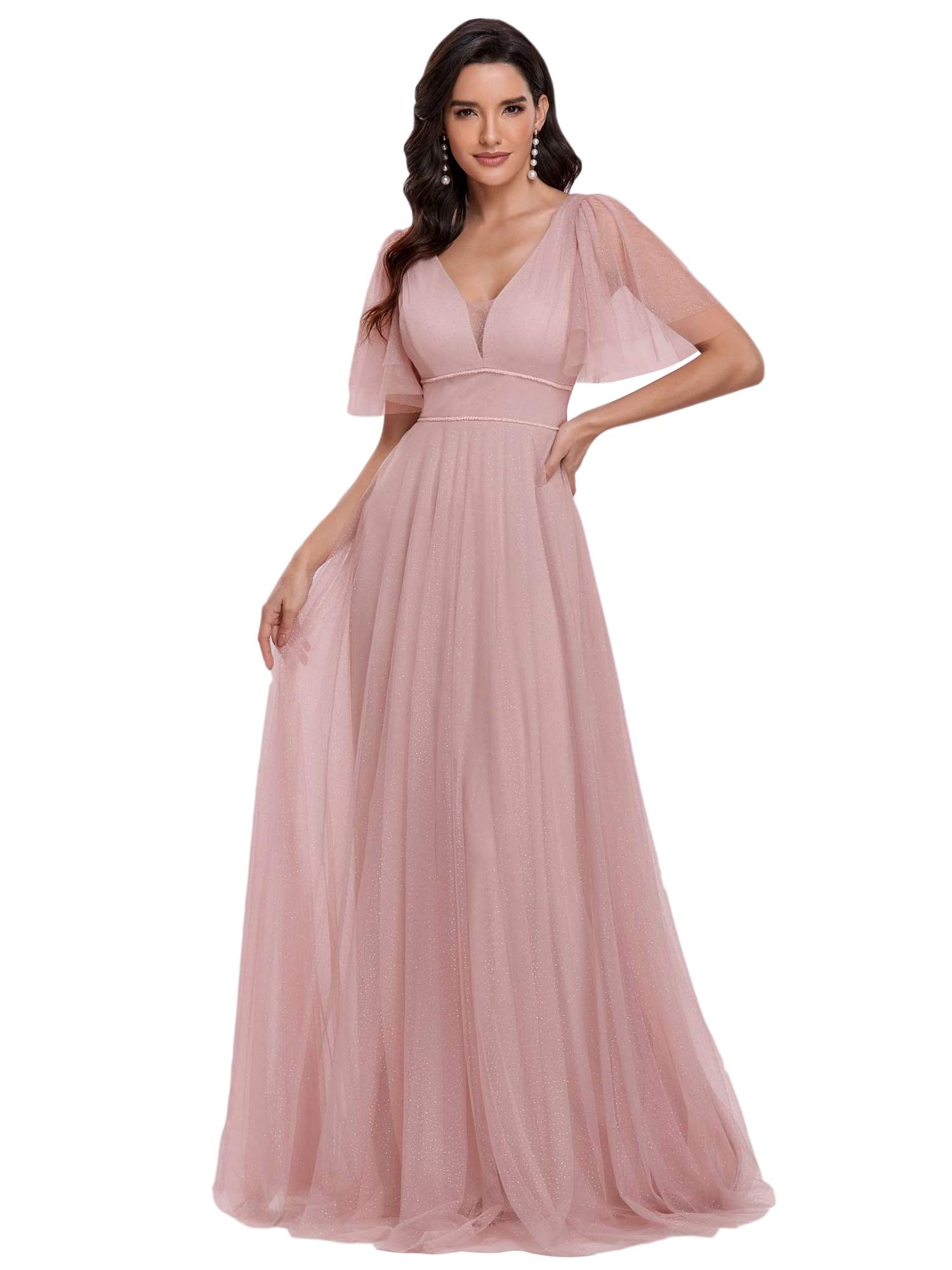 Ever-Pretty EE00278 Robe de demoiselle d'honneur en tulle pailleté avec col en V profond et manches courtes Longueur au sol