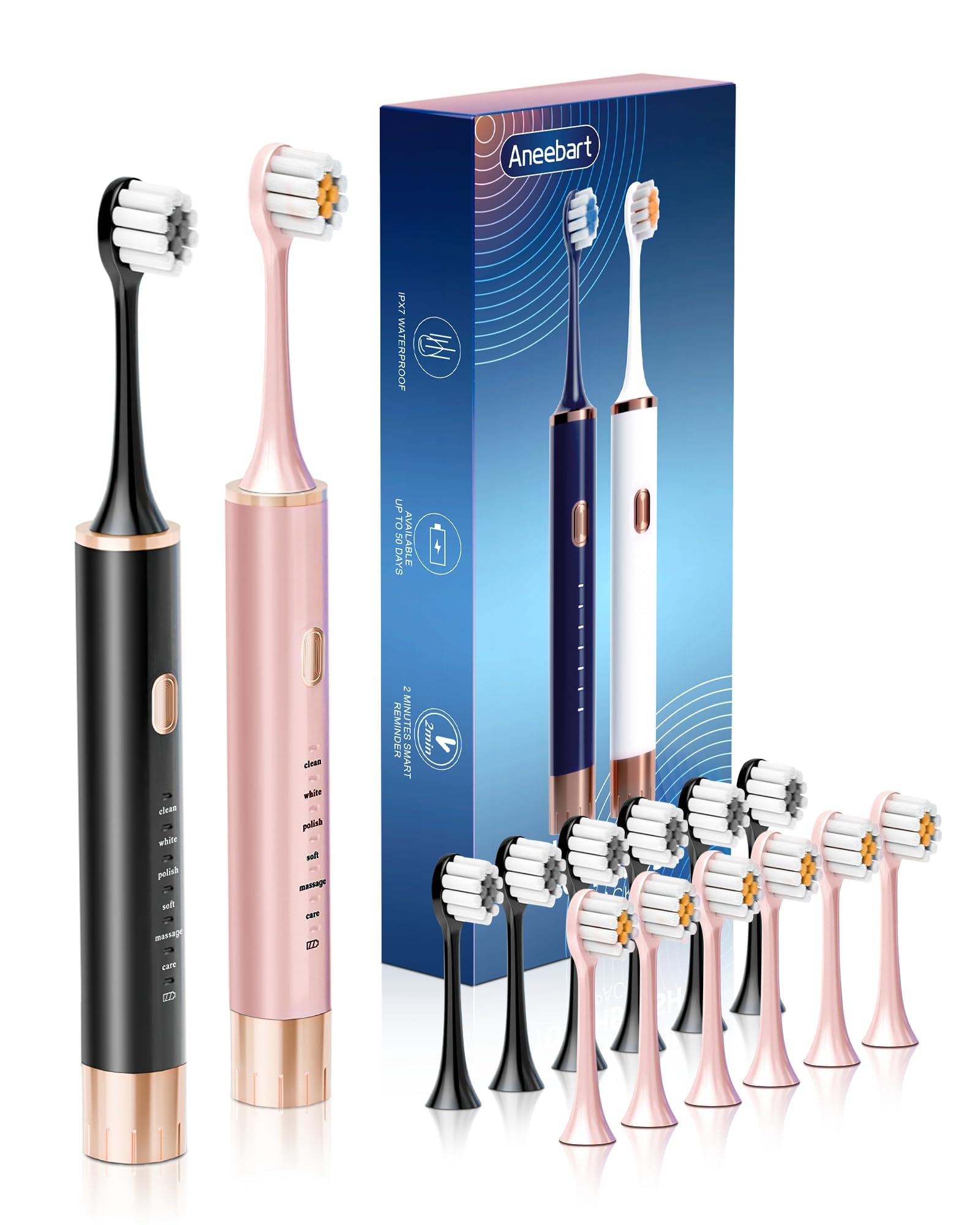 Aneebart Black & Pink Electric Toothbrush for Adults, 2 Pack Toothbrush，USB Rechargeable Sonic Toothbrush with 12 Brush Heads, Smart Timer, 6 Modes, 2-Hour Fast Charge Last 30 Days