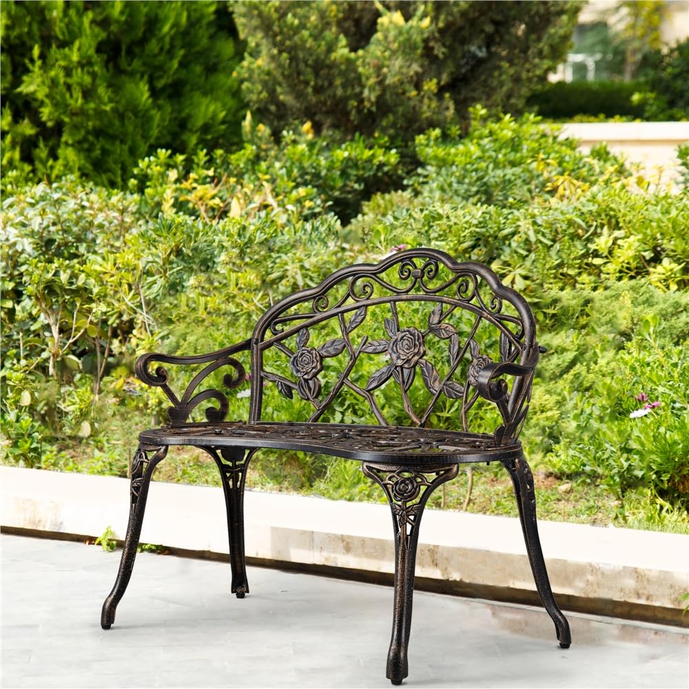 Yaheetech Banc de Jardin Extérieur Mobilier de Jardin en Aluminium Siège de Parc Bronze Vintage avec Dossier 99,5 x 57 x 78,5cm