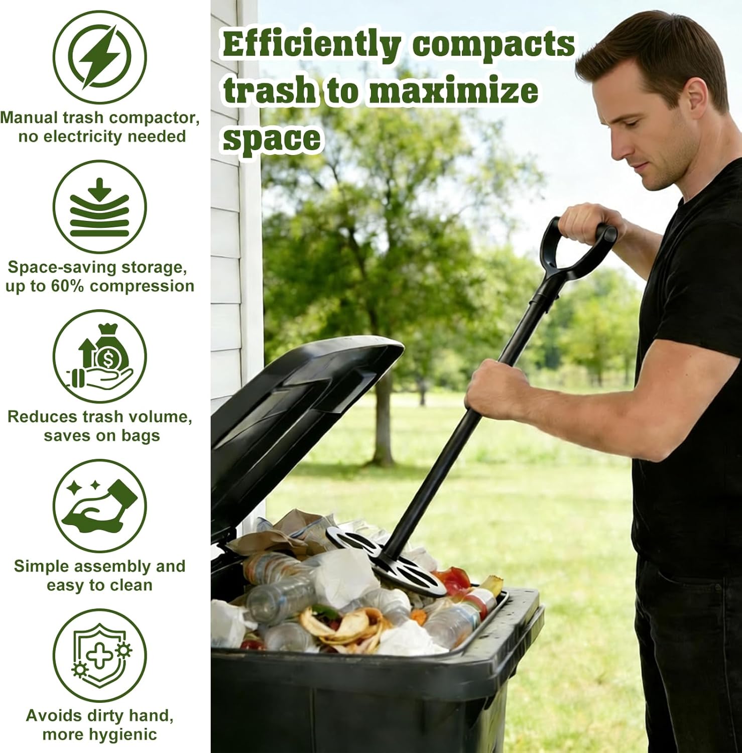Trash Compactor for Kitchen, 25.5 inch Manual Trash Compactor, All Metal Waste Compressor Outdoor Garbage Tamper Press Tool for Small Bins-Saves Bags/Can Space-Easy to Use Clean/Store