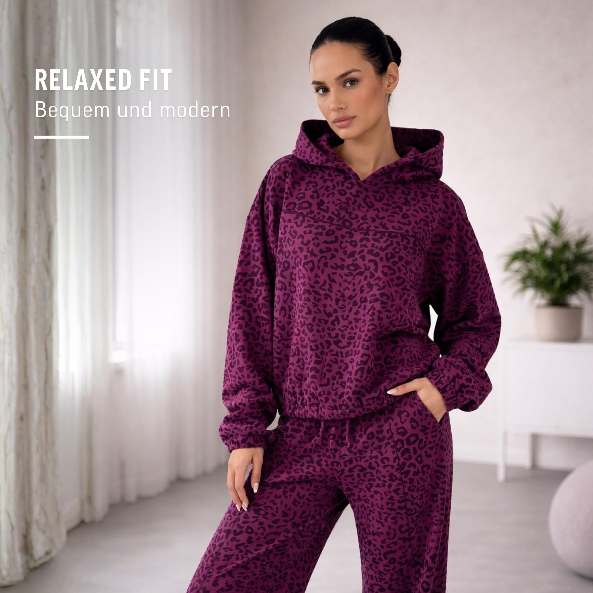 SMILODOX Hoodie Damen Siara, Relaxed Fit Swaeter, Kapuzenpullover mit Leo Print Muster, Verstellbarer Kordelzug, Weiches Sweat-Material, Lässiger Look, Gym Hoodie, Freizeit, Alltag