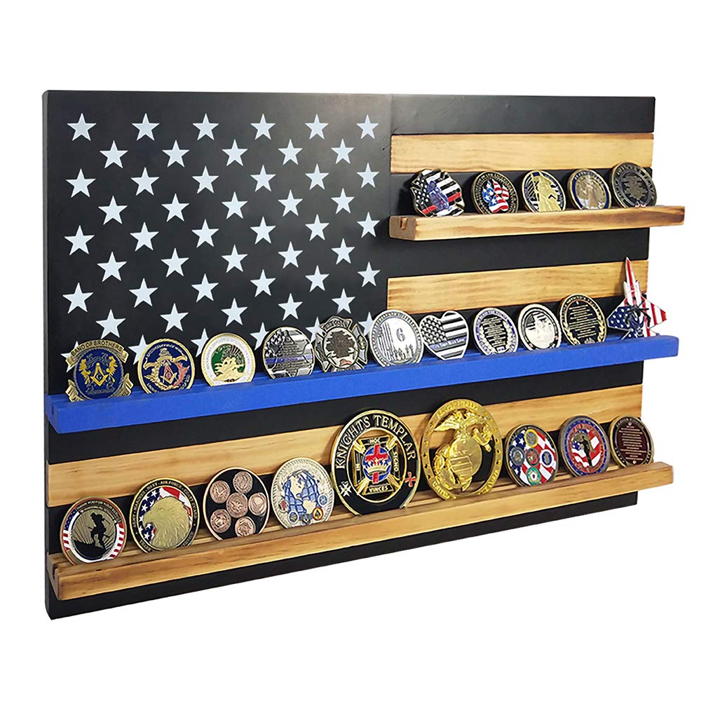 ASmileIndeep Thin Blue Line American Flag Challenge Coin Display Wall Mounted Military Police Challenge Coin Holder Rack