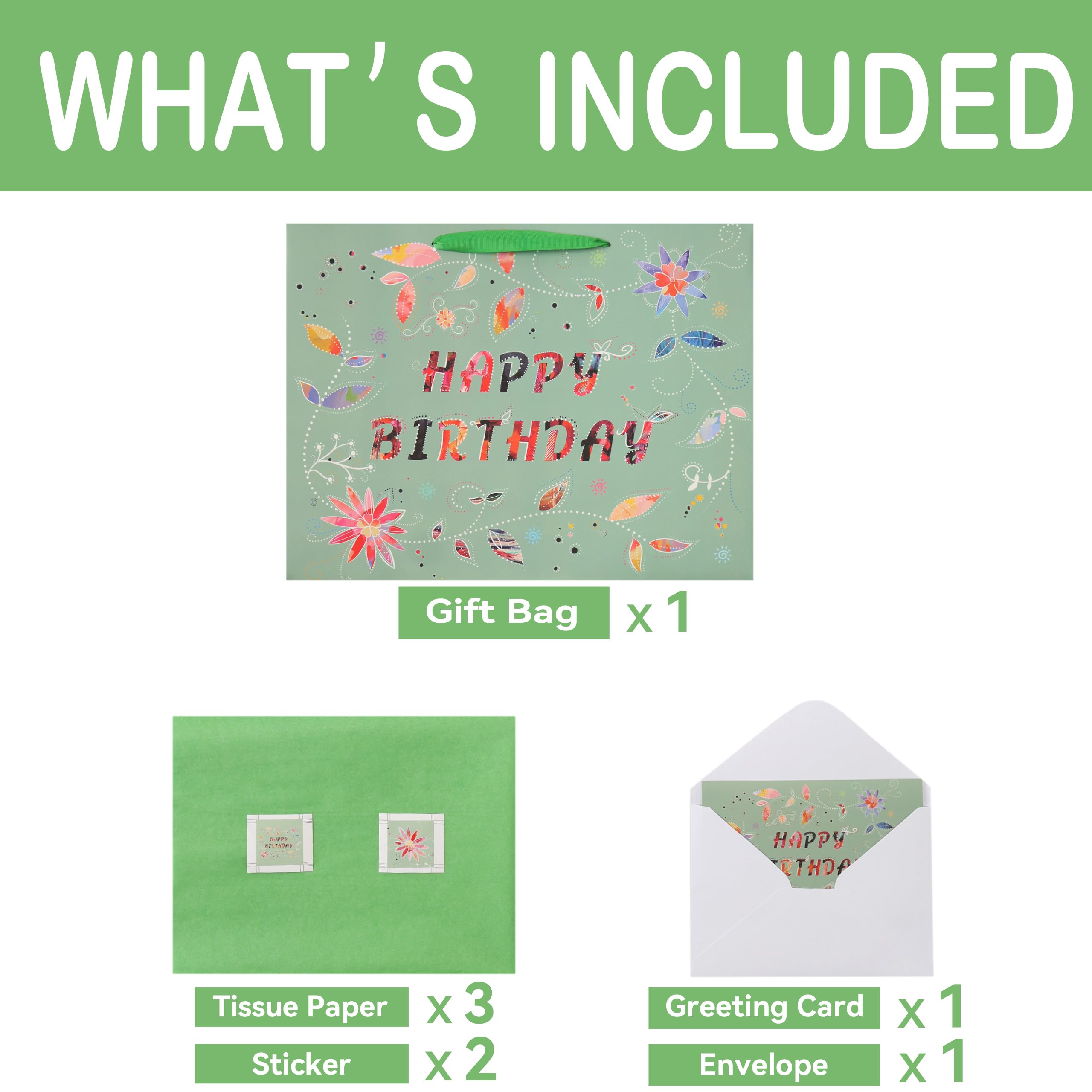 Qirrmiy 16.5” Extra Large Happy Birthday Gift Bag Set with Handles, Greeting Card, Tissue Papers and Stickers for Women Girls, Green Floral Design, 1 Pcs
