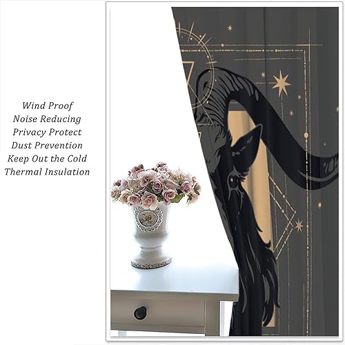 Vista 25 de Cortinas de cabeza de cabra, misteriosa cabeza de cabra malvada, calavera negra, bolsillo para barra, cortinas opacas para ventana, juego de 2