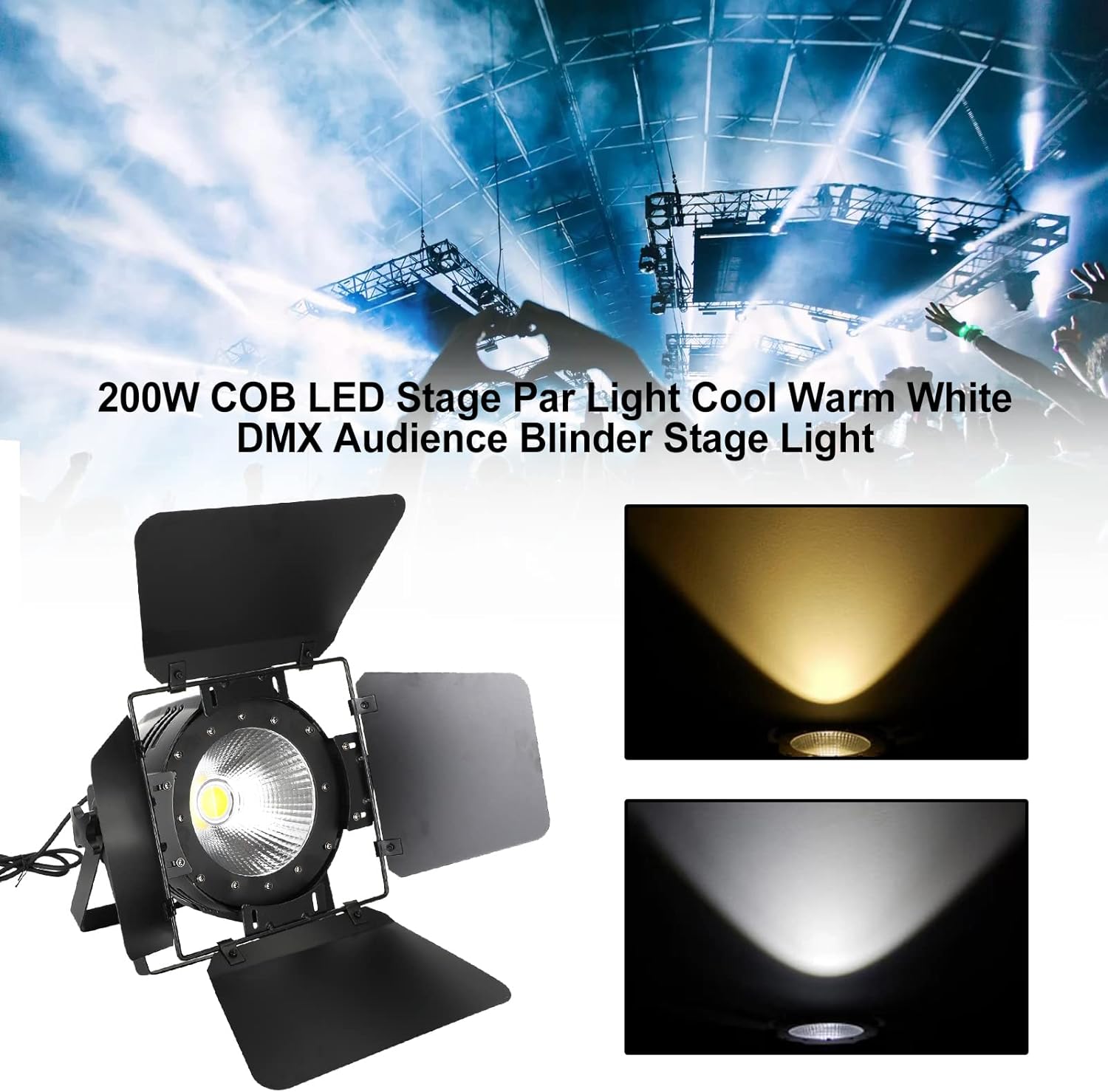 Topteng 200W COB LED Stage Spotlight demonstrating warm and cool white light beams