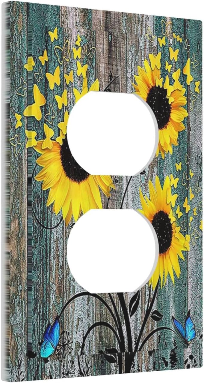 Sunflower Flower Butterfly 1 Gang Electrical Duplex Outlet Cover Plate Blue Wood Plank Decorative Receptacle Plug Covers for Country Home Decor