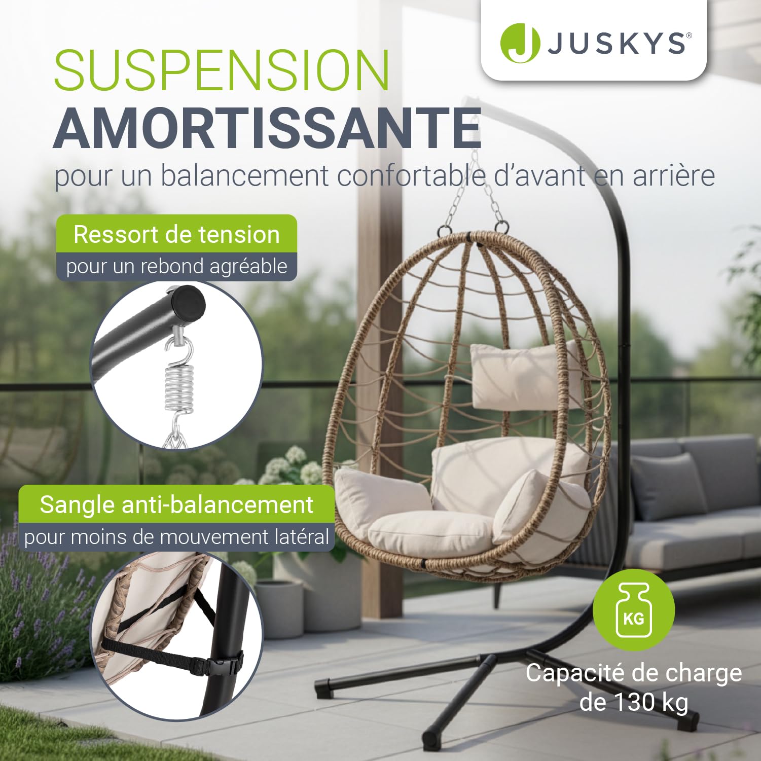 Juskys Fauteuil Suspendu Aria avec Coussin - réglable en Hauteur et Pliable - Balancelle en rotin synthétique pour l'extérieur et l'intérieur - Siège en Osier Beige jusqu'à 130 kg