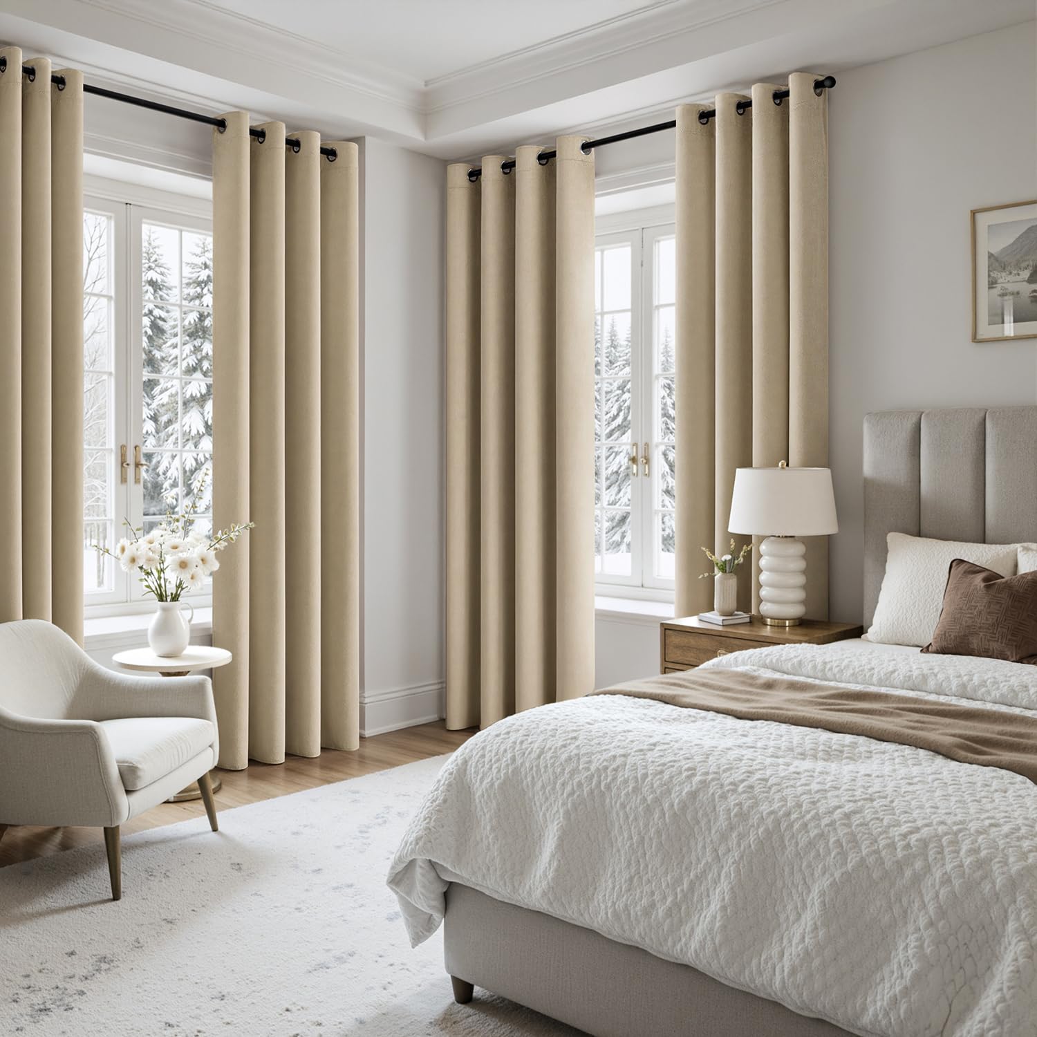 EMEMA Rideau Velours Beige Occultant Thermique à Oeillets 1x132x260cm | Double Couche Isolation Anti Froid Intimité Phonique Salon Chambre Cuisine Perforé Tissu Hivernal Épais Doux
