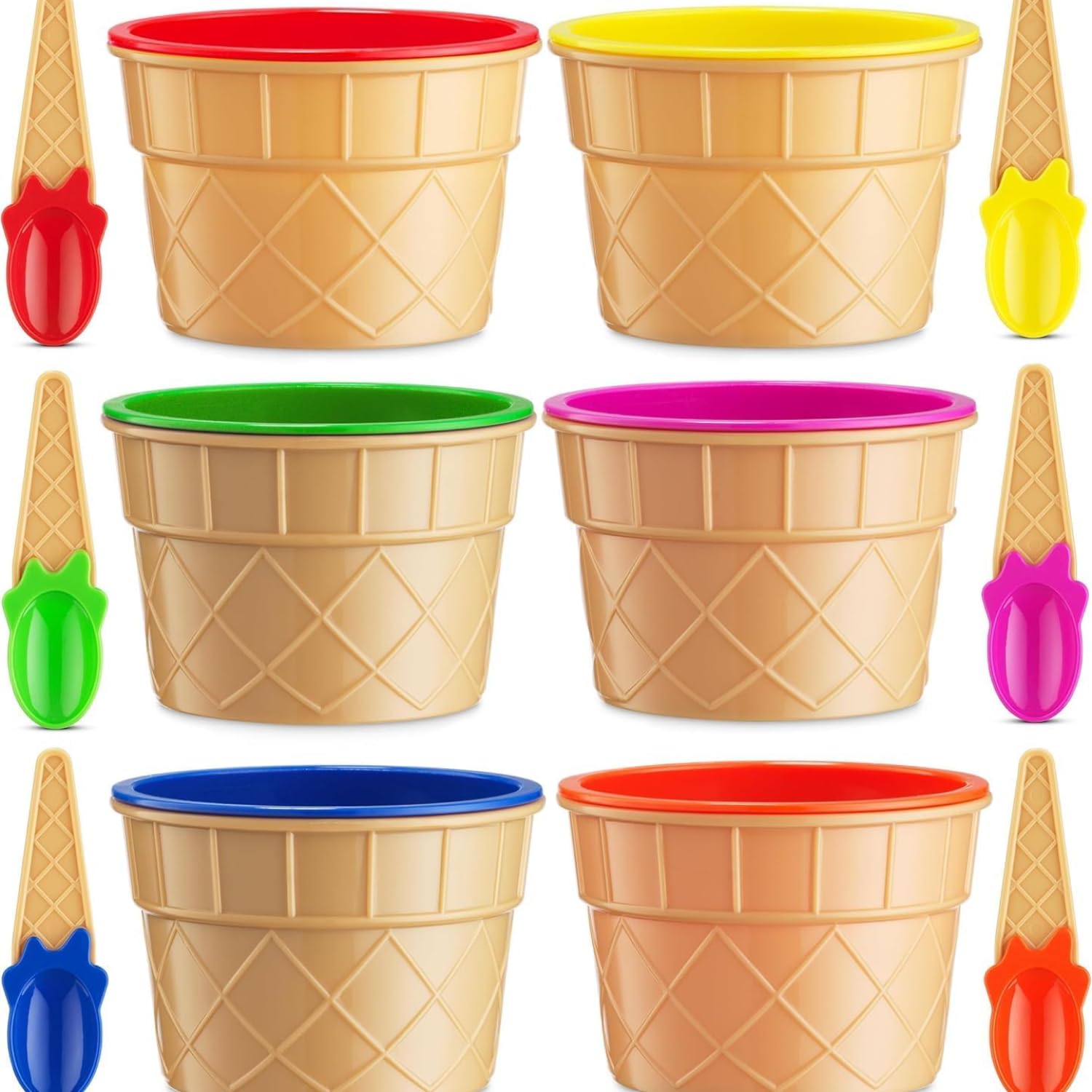 Set JoyServe 6 coppette e cucchiaini per gelato – coppette di plastica riutilizzabili e cucchiaini a cono waffle per dessert, yogurt gelato e