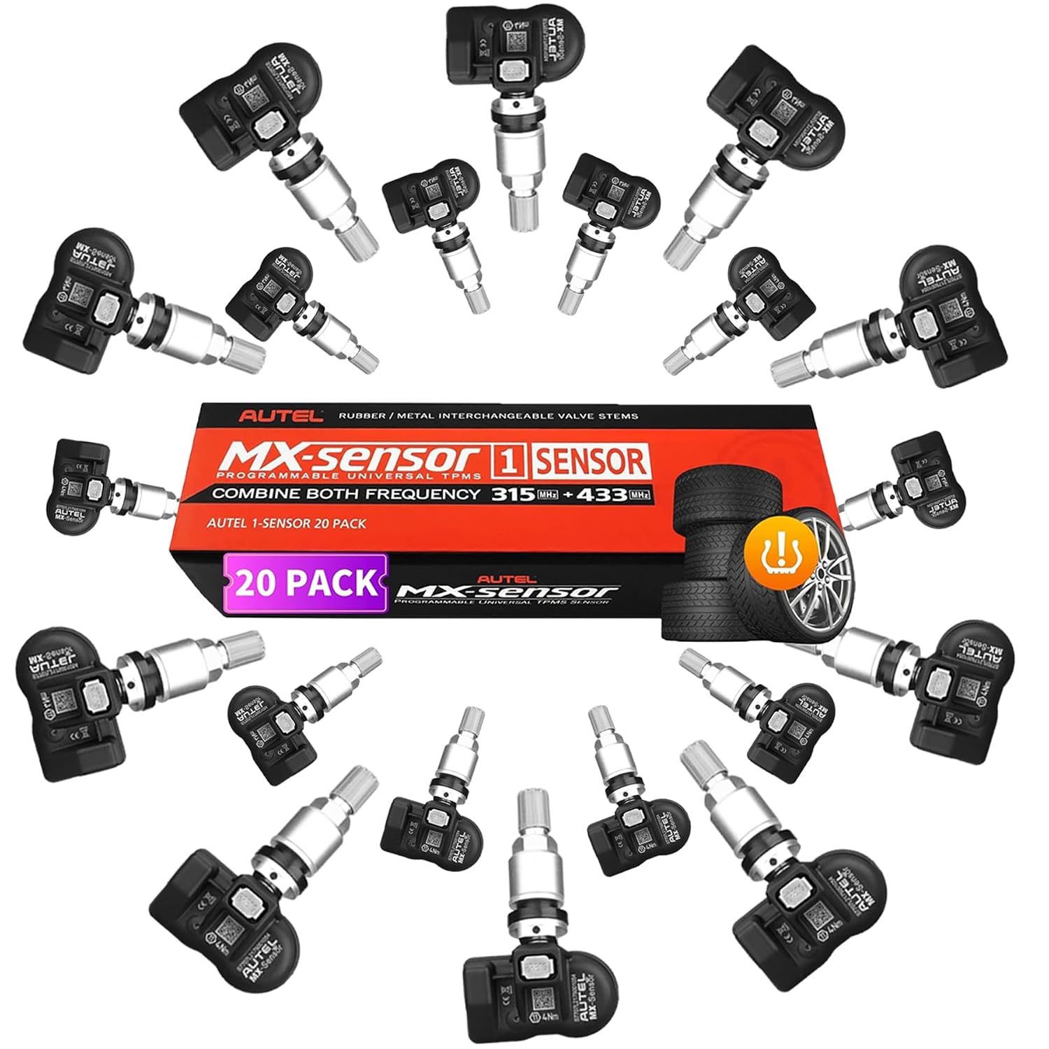Autel TPMS Sensors 20pcs MX-Sensor 2in1 315MHz/433MHz Press-in OE-Level Universal Tire Pressure Sensor Programmable Metal Valves Compatible with TS408 TS508 TS601 TS608 MS906TS
