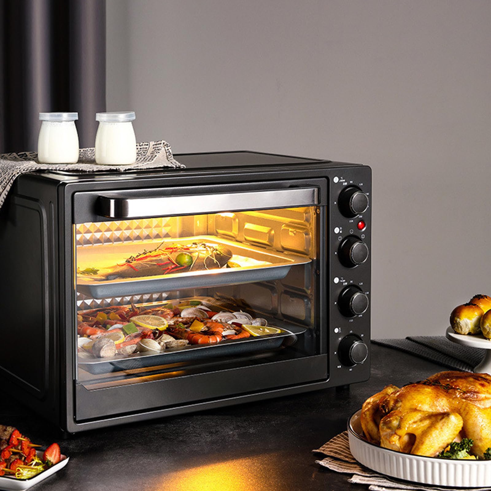 Four à pizza électrique d'intérieur 1500 W, double four commercial, température réglable de 90 à 230 °C, chauffage rapide en acier inoxydable, four multifonction pour la maison et le restaurant