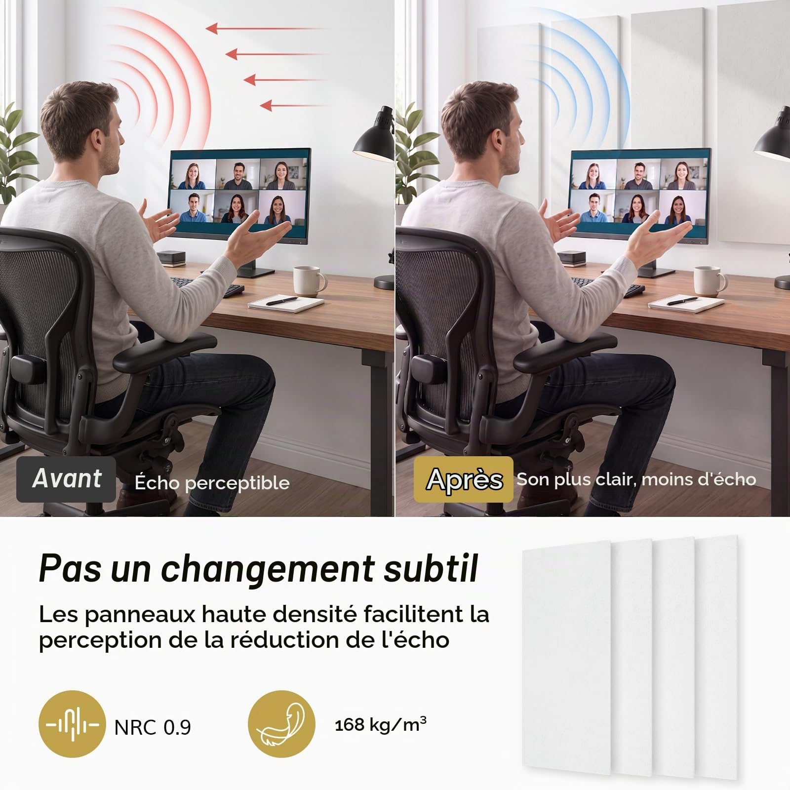 TONOR Panneau Mural Decoratif Adhésifs, 4 Panneaux 112x55 cm, Panneau Acoustique pour la Décoration Murale Intérieure, Studio, Salon, Bureau, Noir Profond