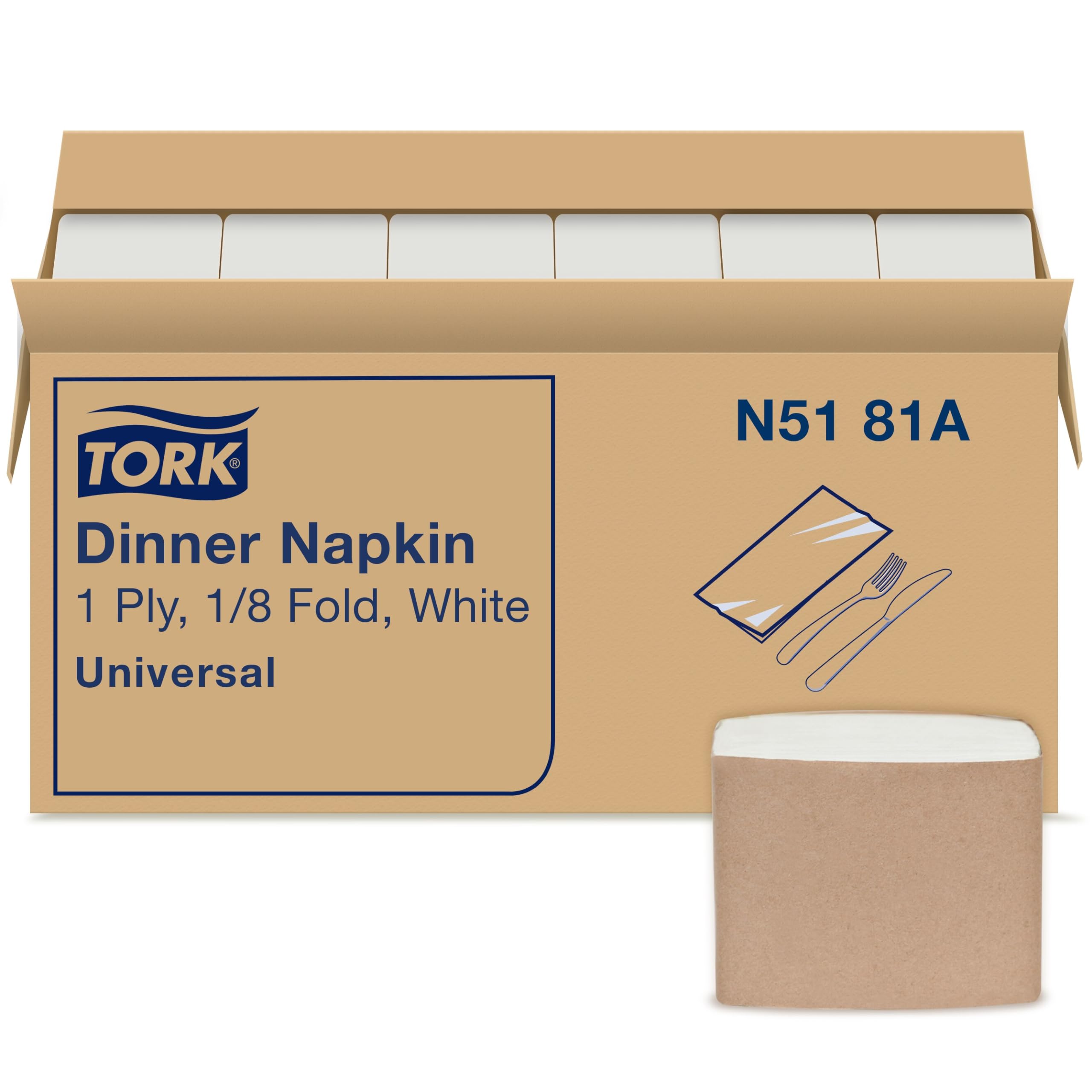 Tork White Dinner Napkin, 1/8 Fold 1-ply, 17" x 14.9", 12 x 250 napkins, N5181A, White