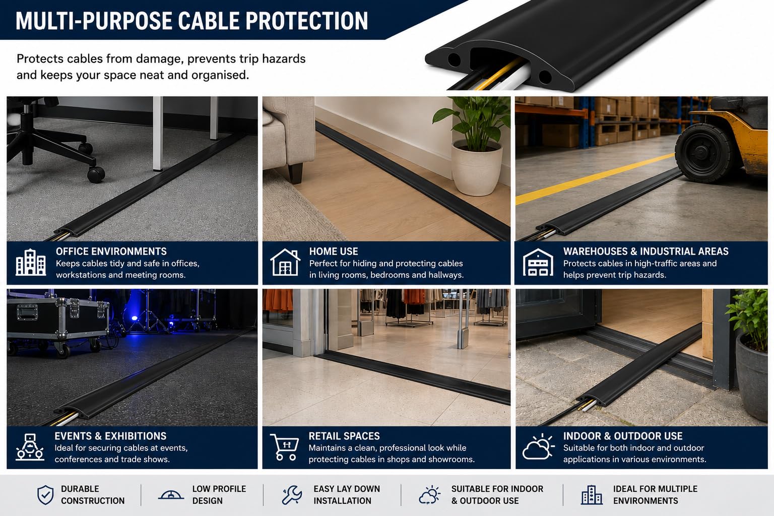 On1shelf® Protector de piso de servicio medio, para evitar un peligro de viaje, cavidad de cable de 30 mm de ancho x 10 mm de alto, negro (10 m)
