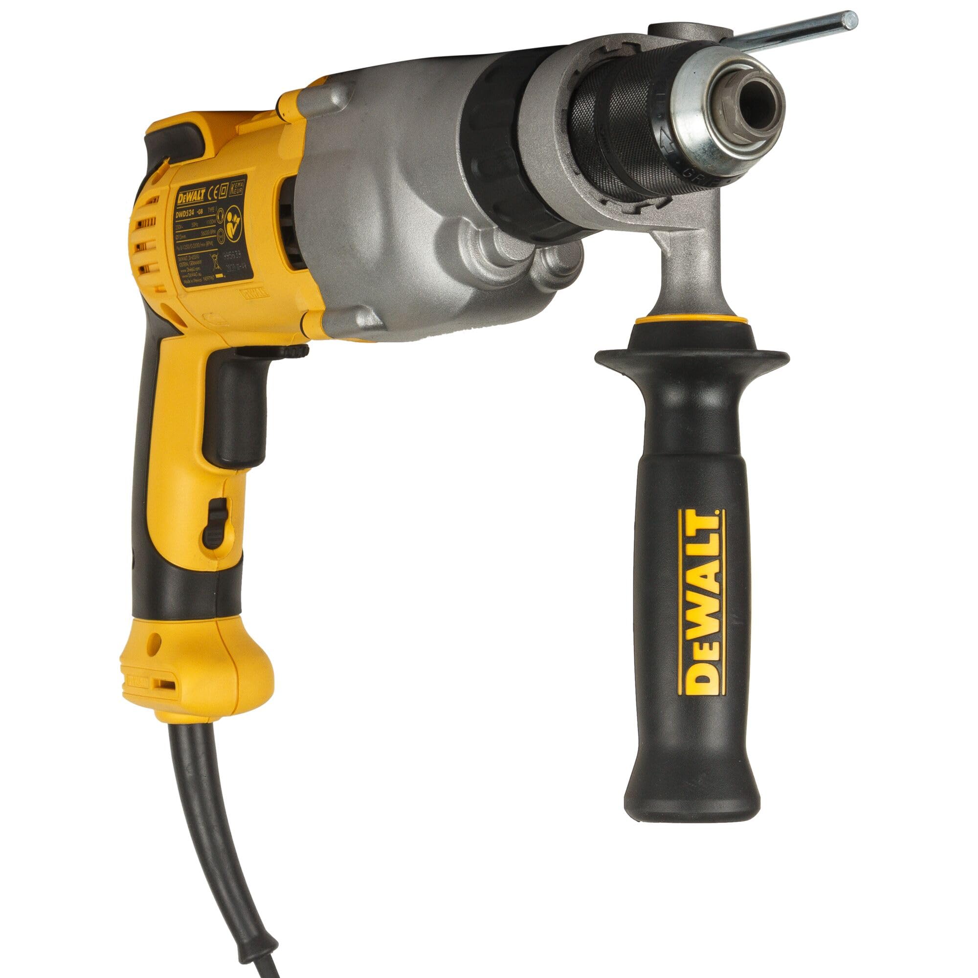 DEWALT - Perceuse Percussion - DWD524KS-QS - Perceuse avec Coffret et Poignée Latérale Multi-Positions - 2 Vitesses 0-1250/3500tr/min - Mandrin Auto-Serrant en Acier de 13mm - 1100W