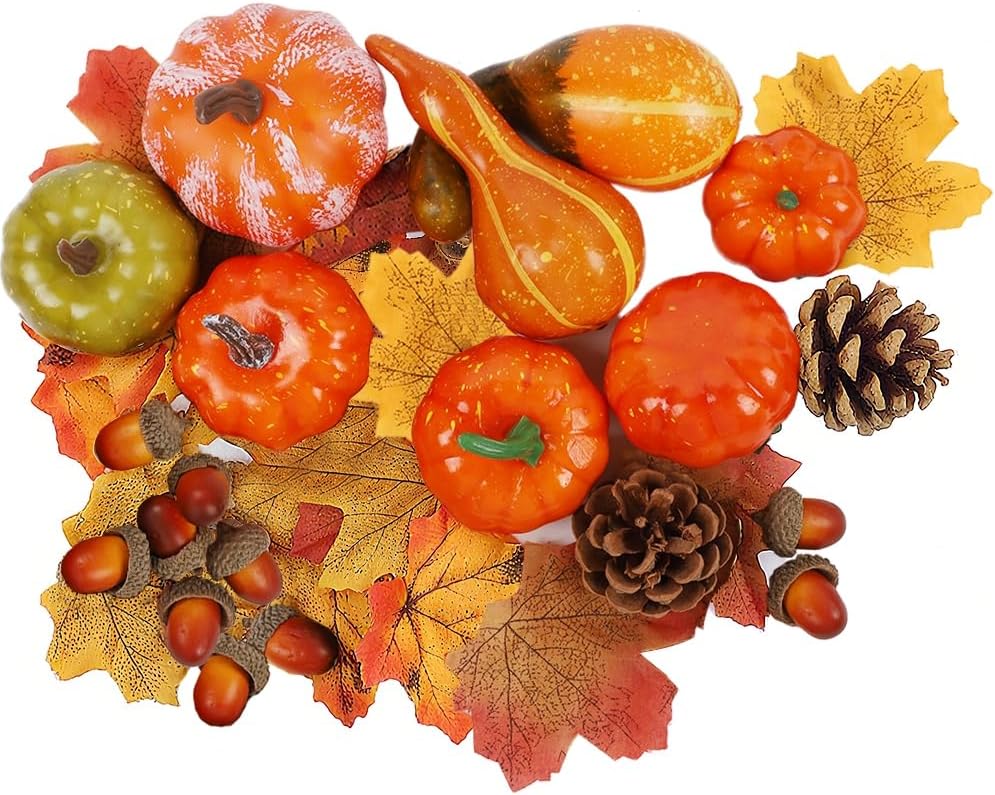 winemana Thanksgiving Artificial Pumpkins Home Decoration Set, Mixture of 50 Artificial Harvest Decoration, 30 Fake Maple Leaves + 10 Fake Acorns + 2 Fake Pinecones + 8 Fake Pumpkins