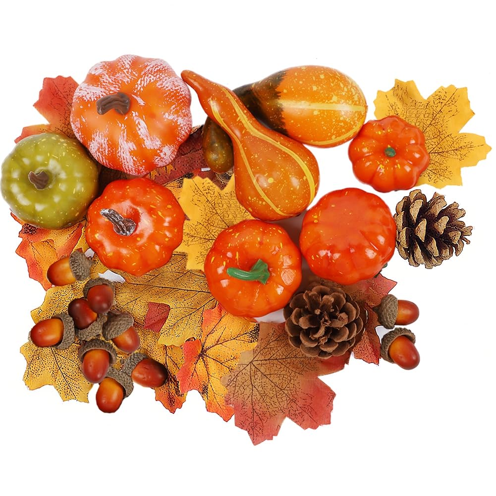 winemana Fall Decorations for Home-6pcs Mini Pumpkins & 2pcs Gourds, 30pcs Leaves & 10pcs Acorns, 2pcs Pinecones Centerpiece Set -Thanksgiving Harvest Decor for Table Mantel (Largest: 4.5" x 2.1")