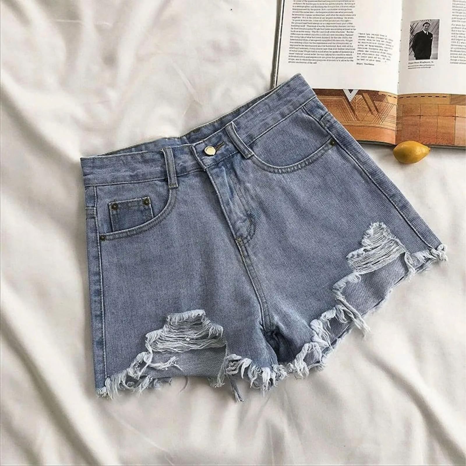 Short Jeans Femme Femmes Blanc Haute Taille Denim Shorts Distressed Frayed Pocket Été Casual Mini Shorts-Black-XXL
