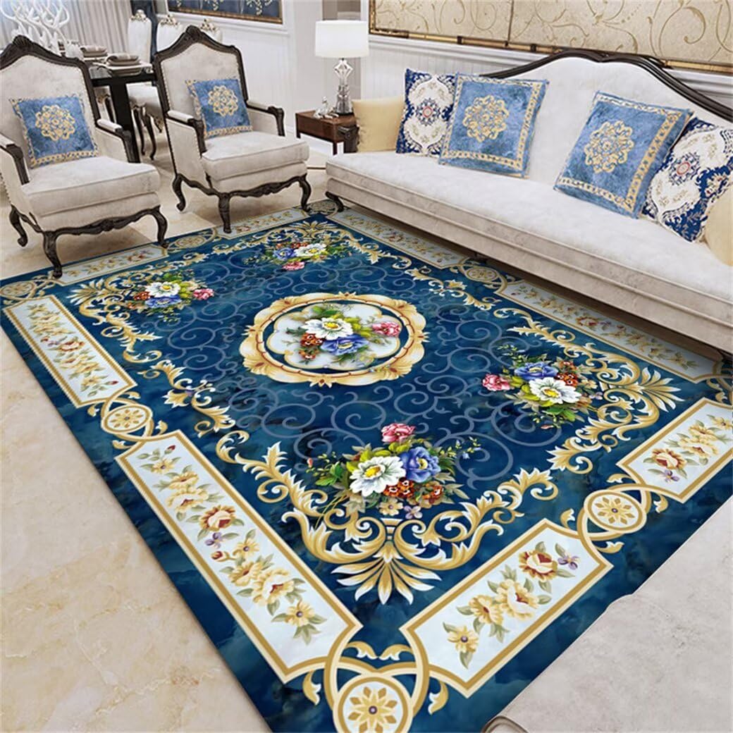 Tapis de chambre enfant bleu 100x150cm au motif floral vintage lavable