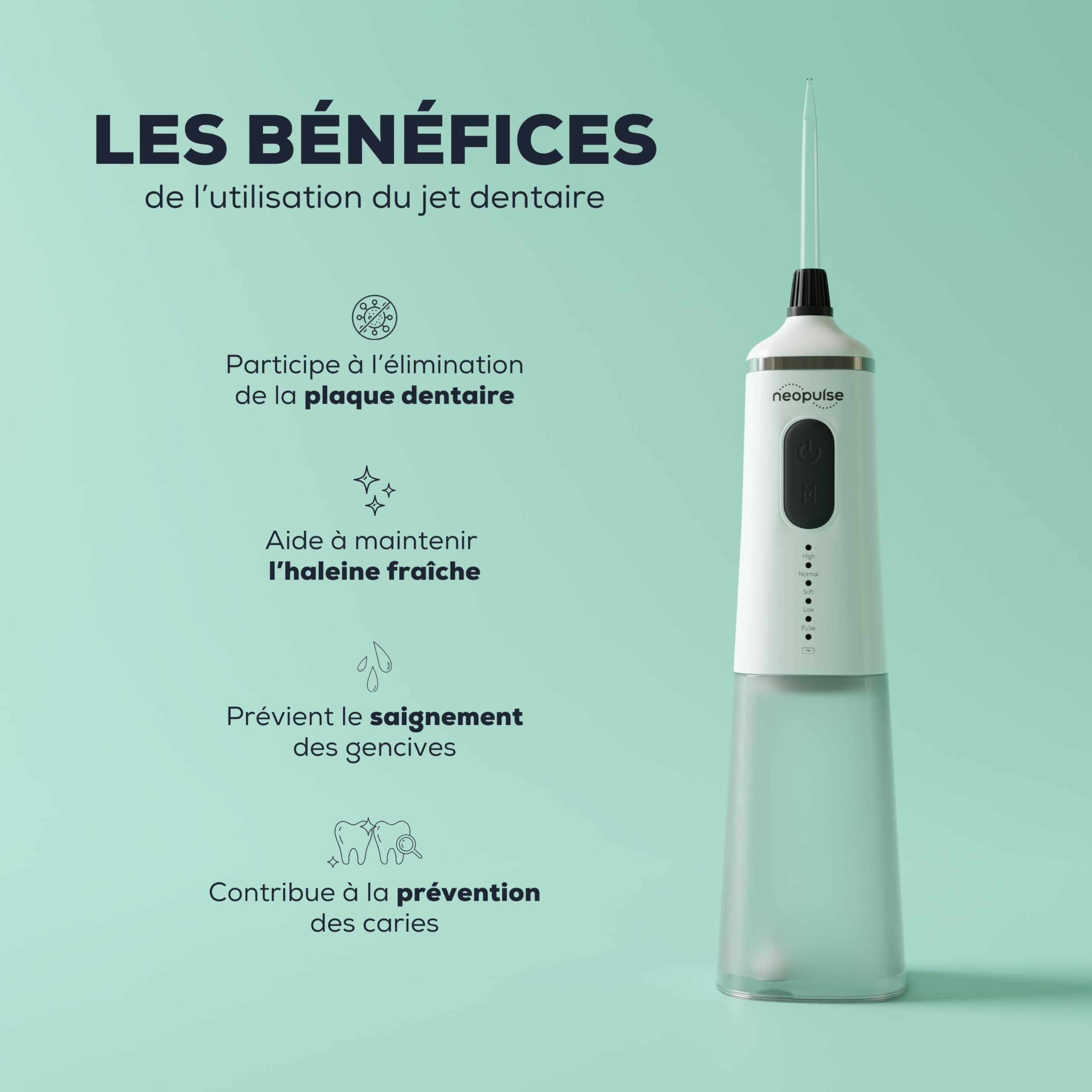 NEOPULSE EASY® – Jet Dentaire Hydropulseur Irrigateur Oral – Usage Familial – 5 Niveaux de Pression – Grand Réservoir de 240ML – 6 embouts - Gencives Sensibles et Orthodontie - Transportable - Blanc