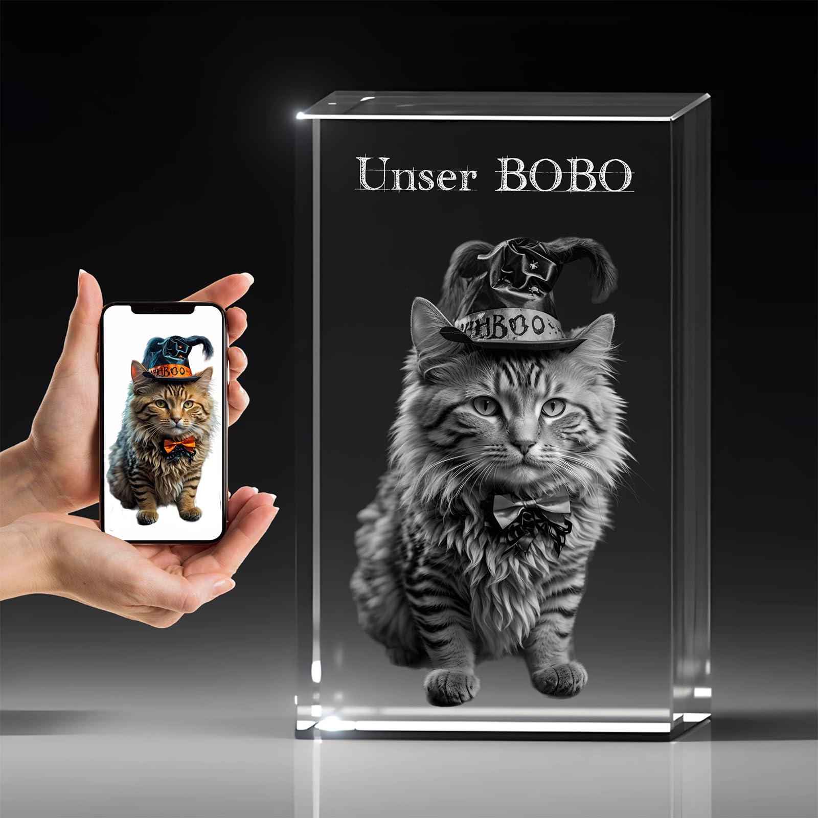 3D Foto Glasblock Katze - Personalisiertes Gedenkglas für Haustiere mit Wunschtext Gravur, Abschied nehmen Tiere Hund, Pferd, Hochwertige Lasergravur in Kristallglas Denkmal