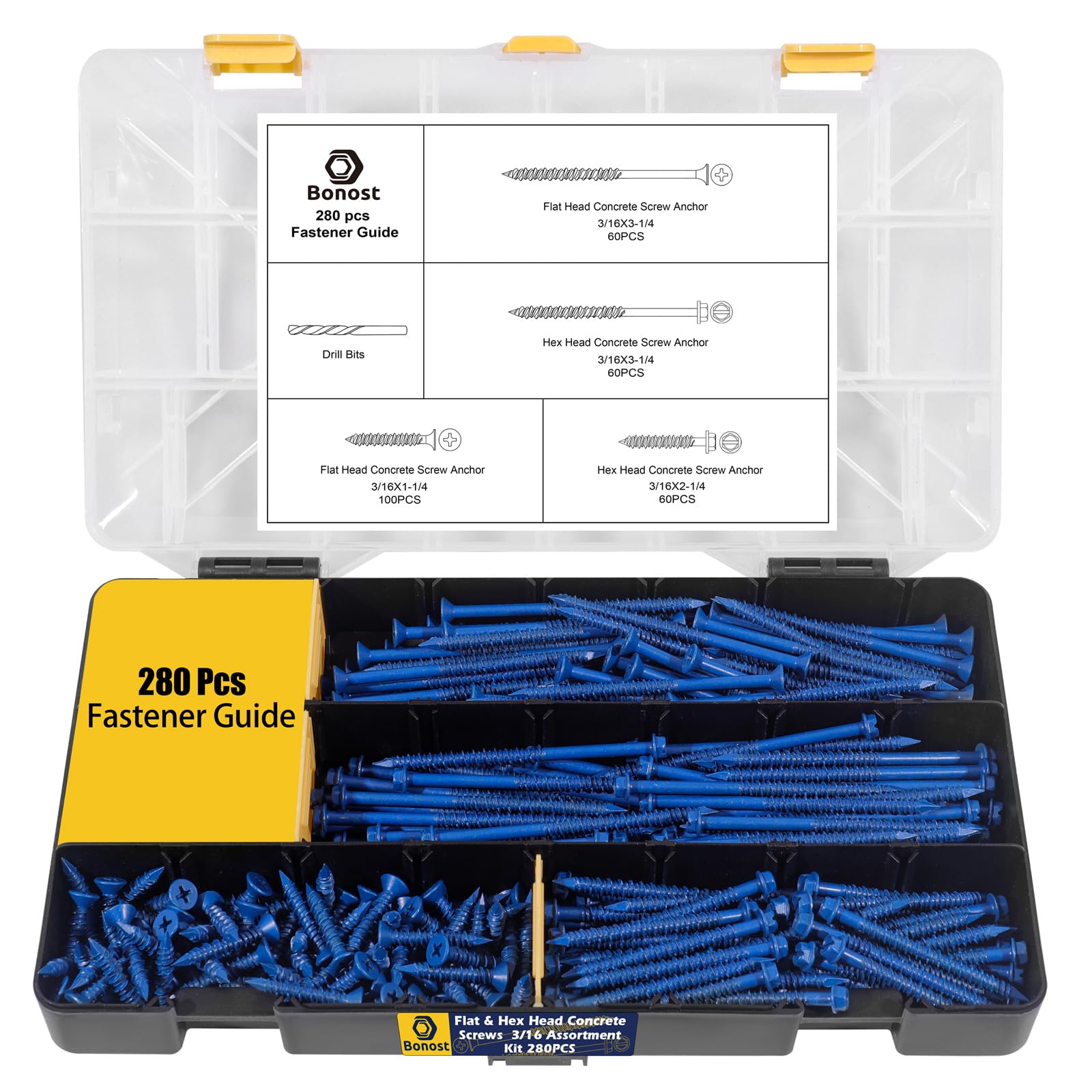 3/16 Concrete Screw Assortment Kit 280Pcs - 4 Sizes Flat & Hex Head Masonry Screws with Drill Bit for Concrete Brick Block Cement, Diamond Point