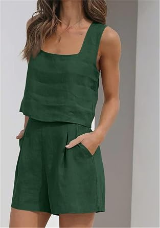 Womens 2 Piece Outfits Sleeveless Crop Tank Tops Lounge Sets