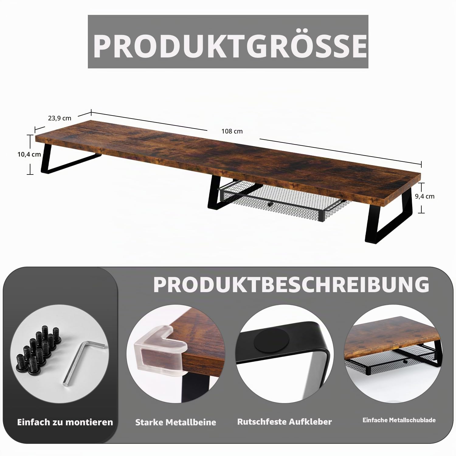 Aothia Vintage Dual Monitorständer aus Holz - Bildschirmerhöhung mit Schublade für Laptop/Computer/PC/TV,Bürobedarf für Computer - Perfekter bildschirmständer Schreibtisch,Vintage