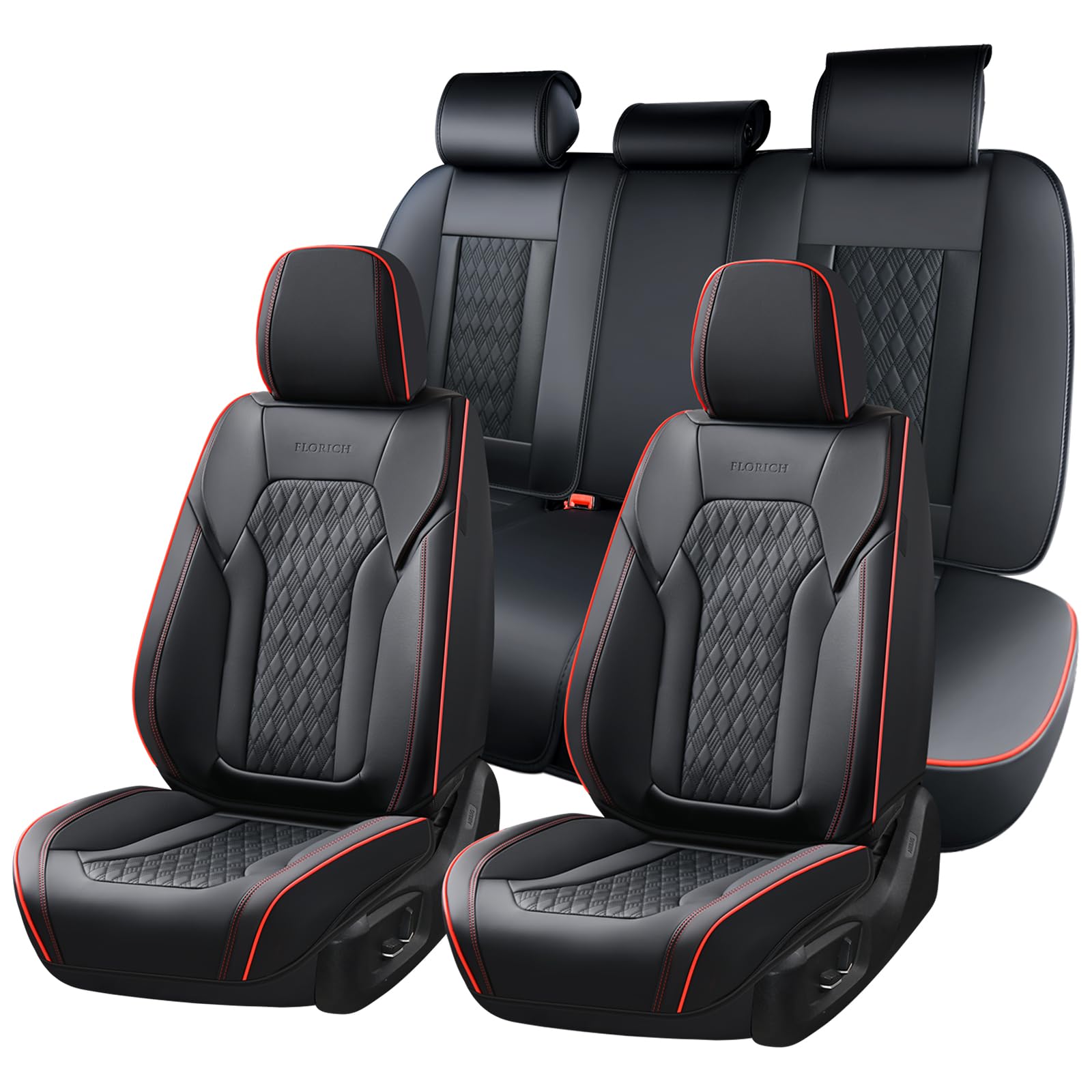 Seat Covers, Car Seat Covers Full Set, Luxury Nappa Leather Seat Covers, Breathable and Waterproof Car Seat Protector 5 Seat, Automotive Seat Covers Universal Fit for Most Cars-BlackRedline