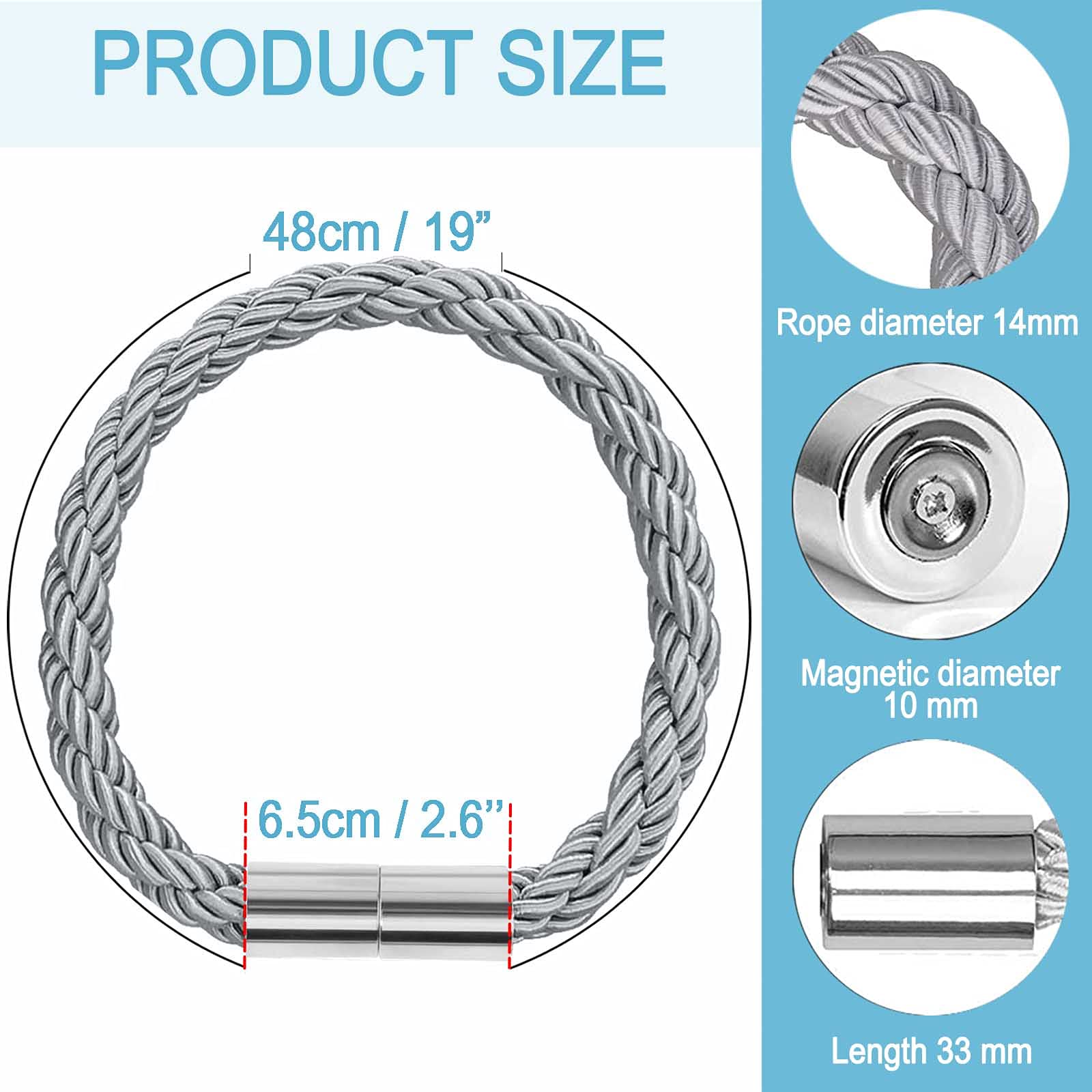 4 Embrasses De Rideau Magnétiques - Corde Tressée 48cm Argent - Fixation Sans Perçage