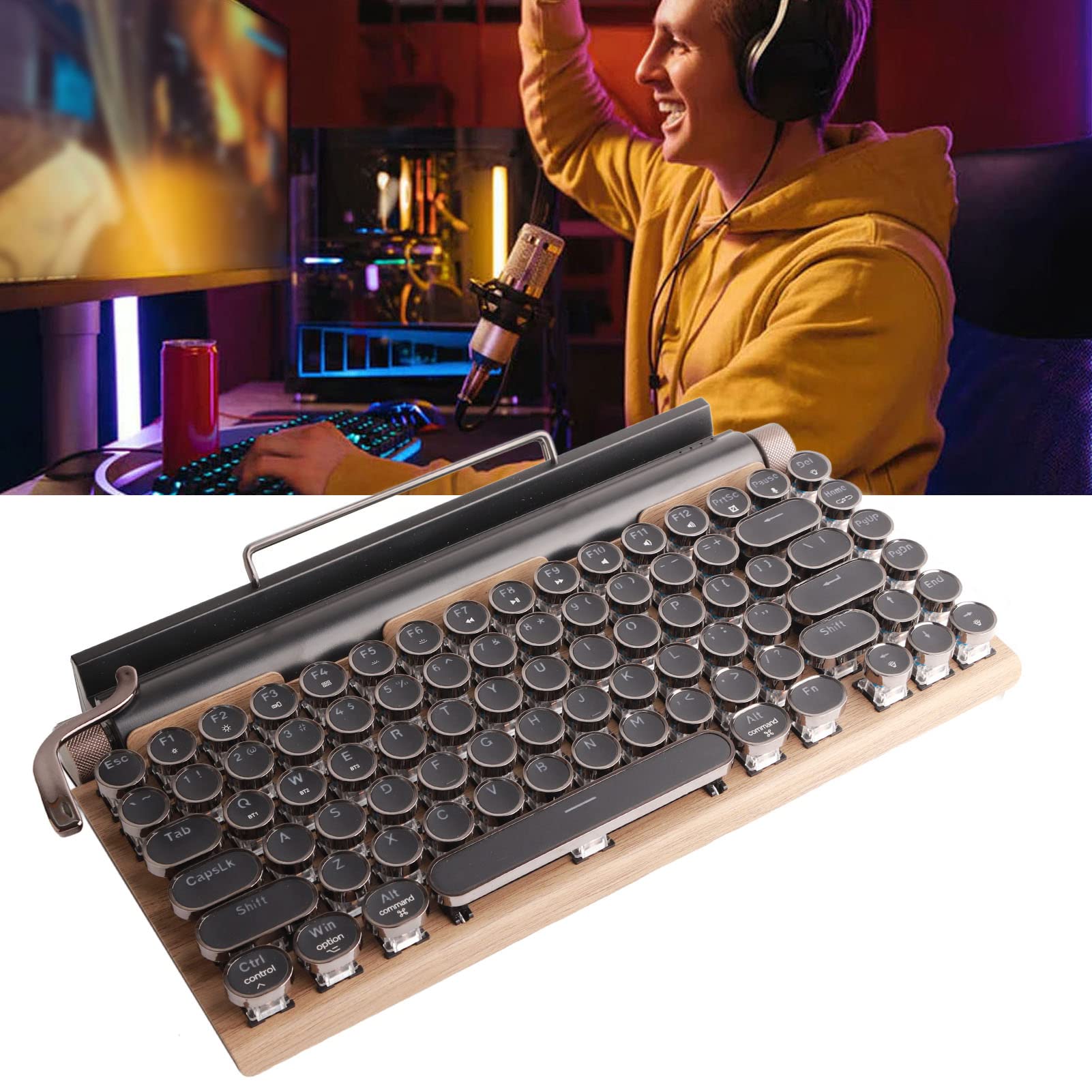 KIMISS Clavier de Machine à écrire 83, Touches Mécaniques sans Fil Bluetooth Vintage avec Capuchon Rond en Métal Couleur Grain de Bois (Couleur du Grain du Bois)