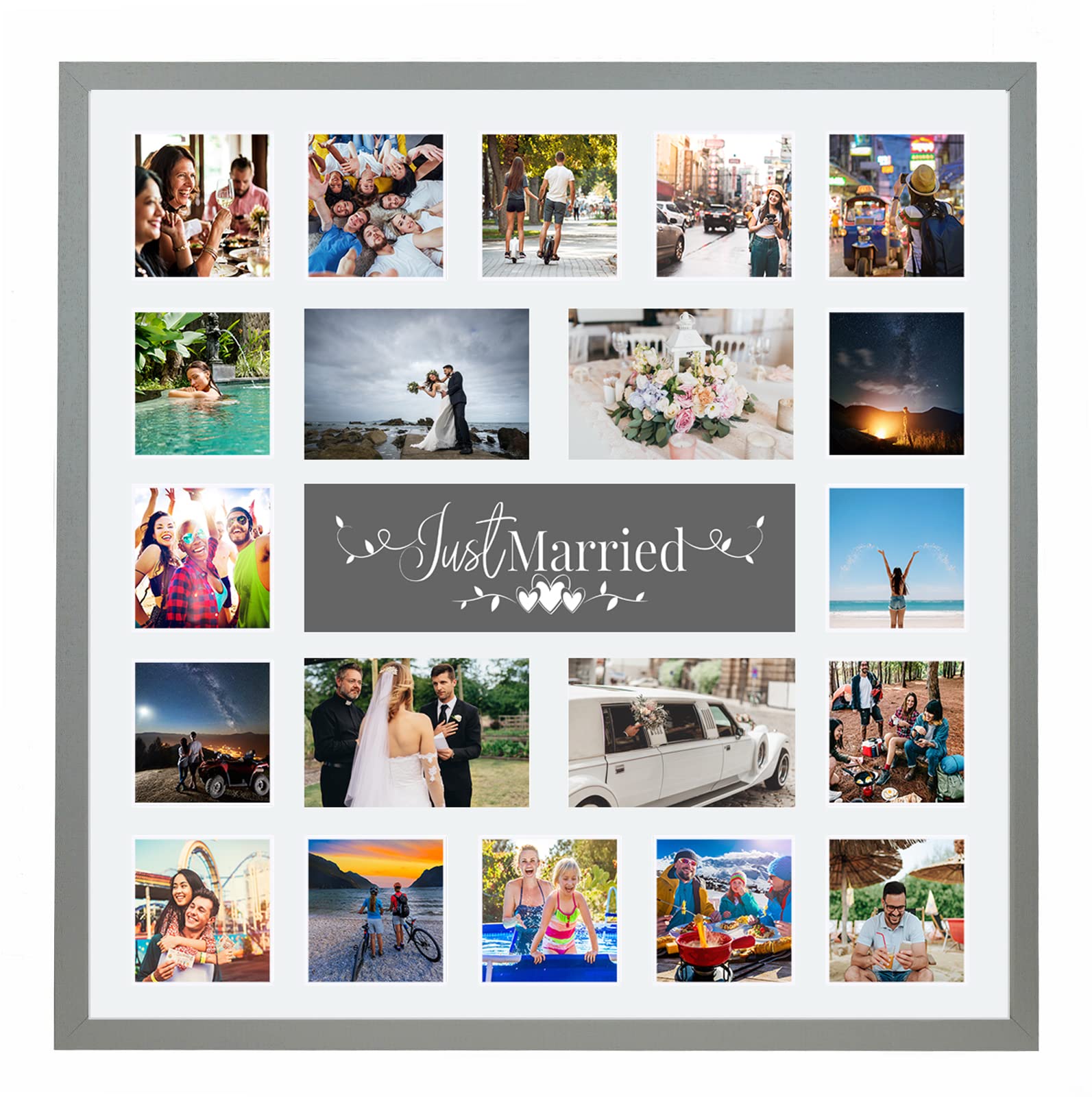 Large Multi Aperture Picture Photo Collage Frame, Colours and Designs (Just Married, Pale Grey)