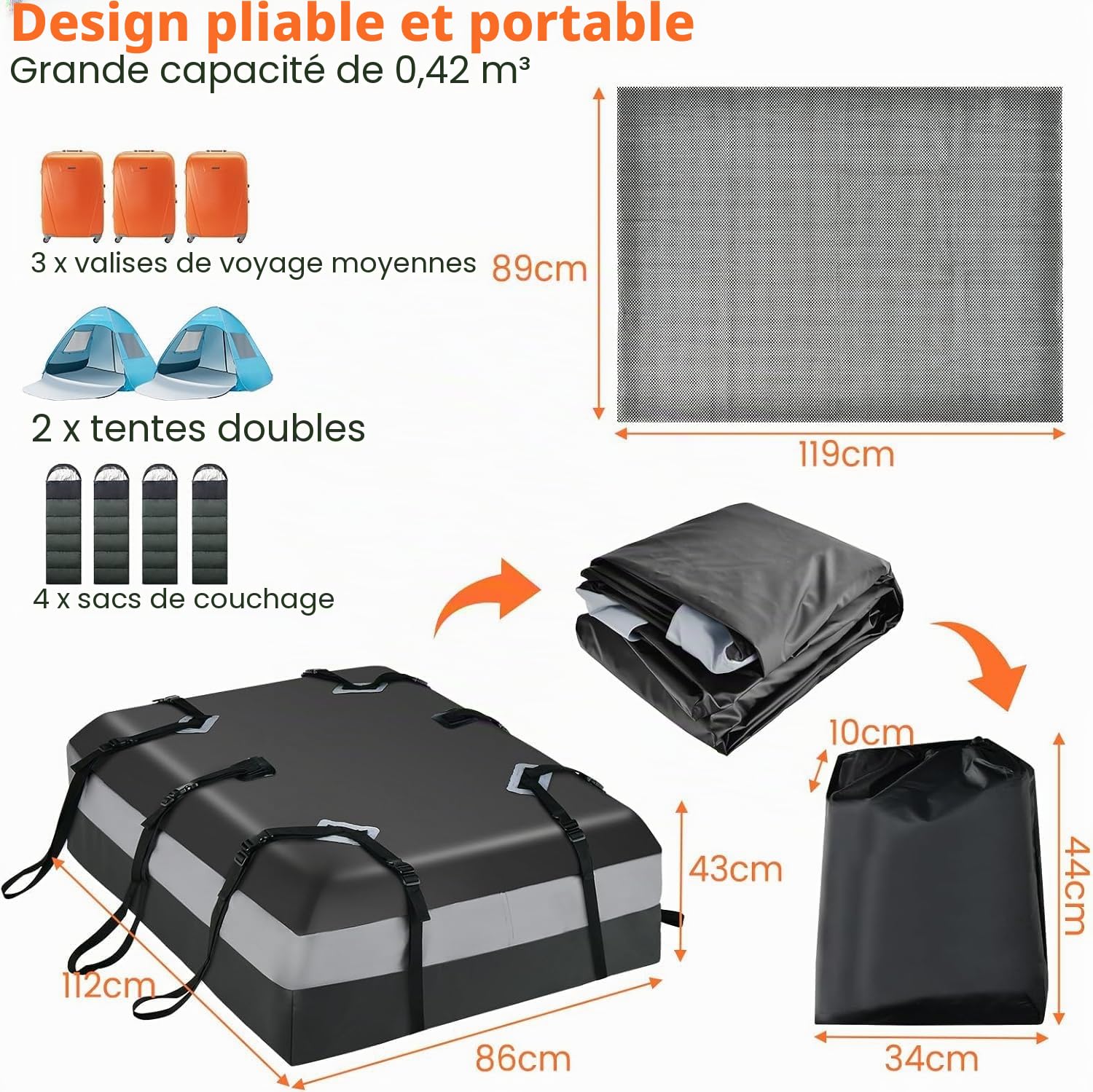 FANTASK Coffre de Toit avec Serrure à Combinaison pour Tous Les véhicules avec/sans Barres de Toit - 420 l - Étanche - avec 6 Crochets de Porte - Tapis antidérapant et Sac de Transport - Pliable