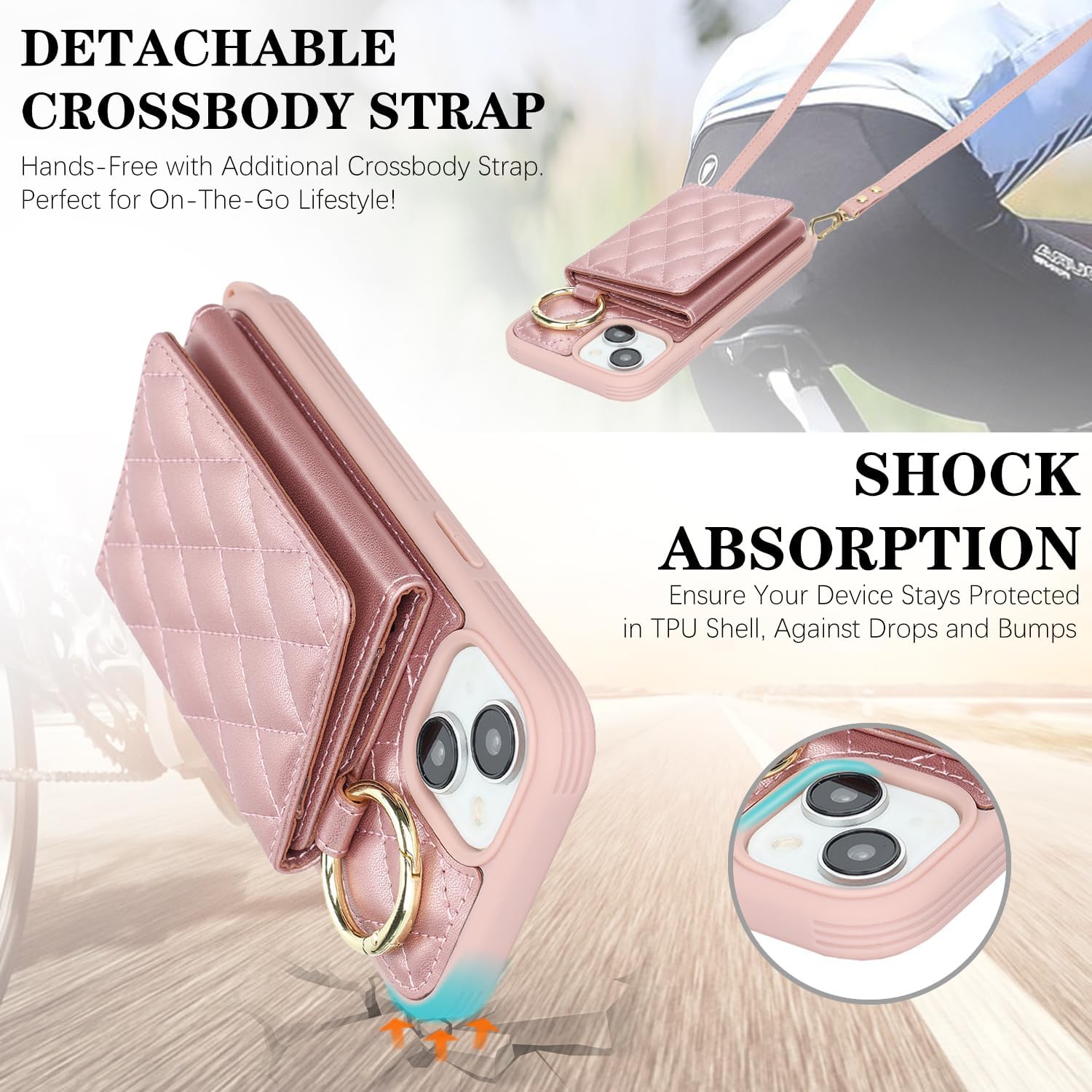 for iPhone 14 Case with Card Holder and Strap for Women,Crossbody Lanyard, Make Up Mirror,Ring Stand,Snap Clasp,Cute Phone Wallet Cases 6.1 inch - Dark Rose Gold - Image 6