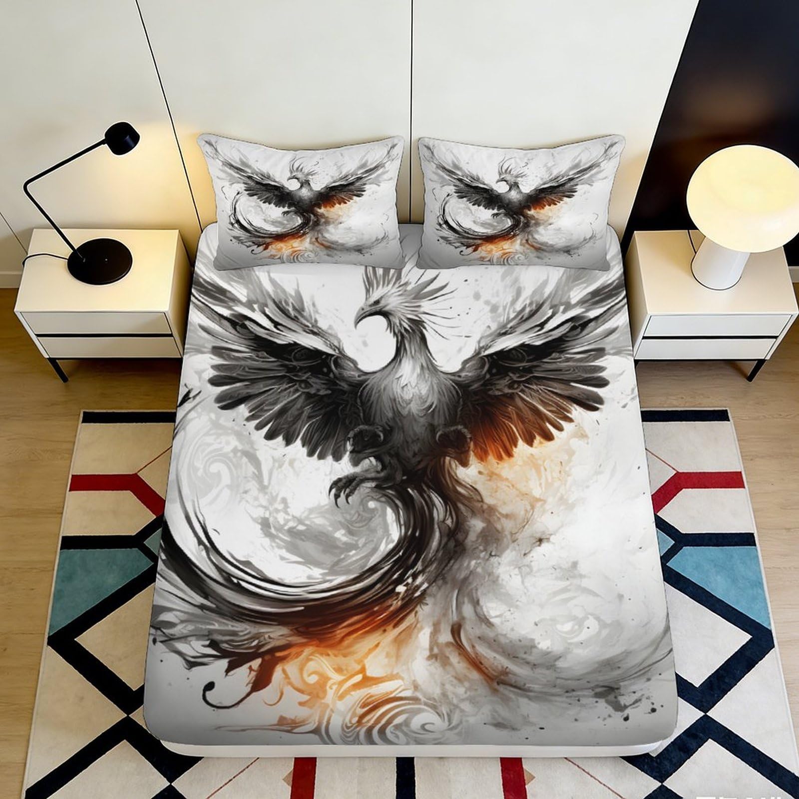 Pnayamiorkfel Style-10 3D Printed Phoenix Fire Fitted Sheet Microfiber Breathable Black Orange Artistic Bed Cover For Bedroom Dorm Mattress Decoration 90X200x25cm