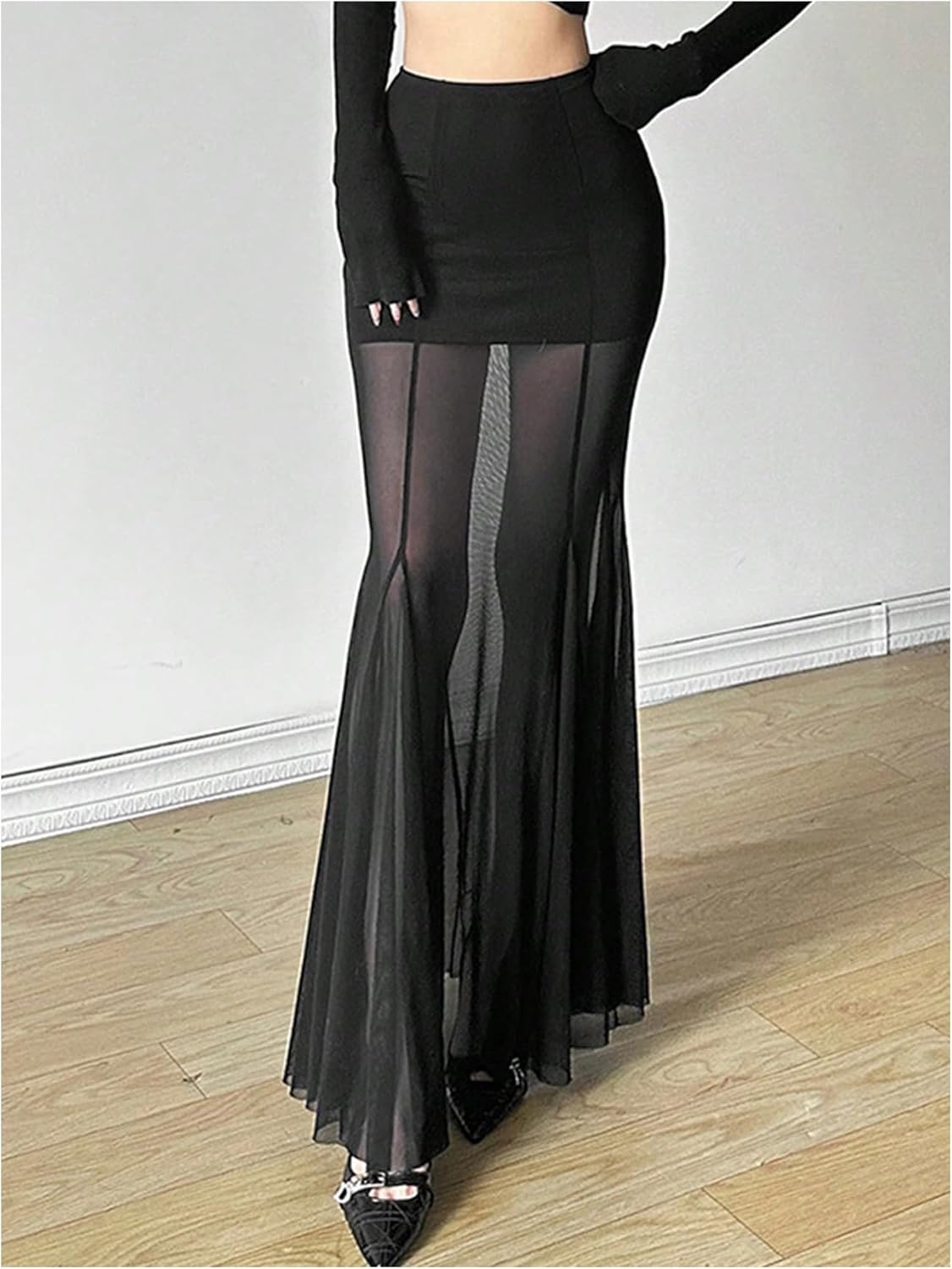 GORGLITTER Women's Ruffle Long Skirt Mesh Sheer Elegant Bodycon Coquette See Through Maxi Skirts - Image 4