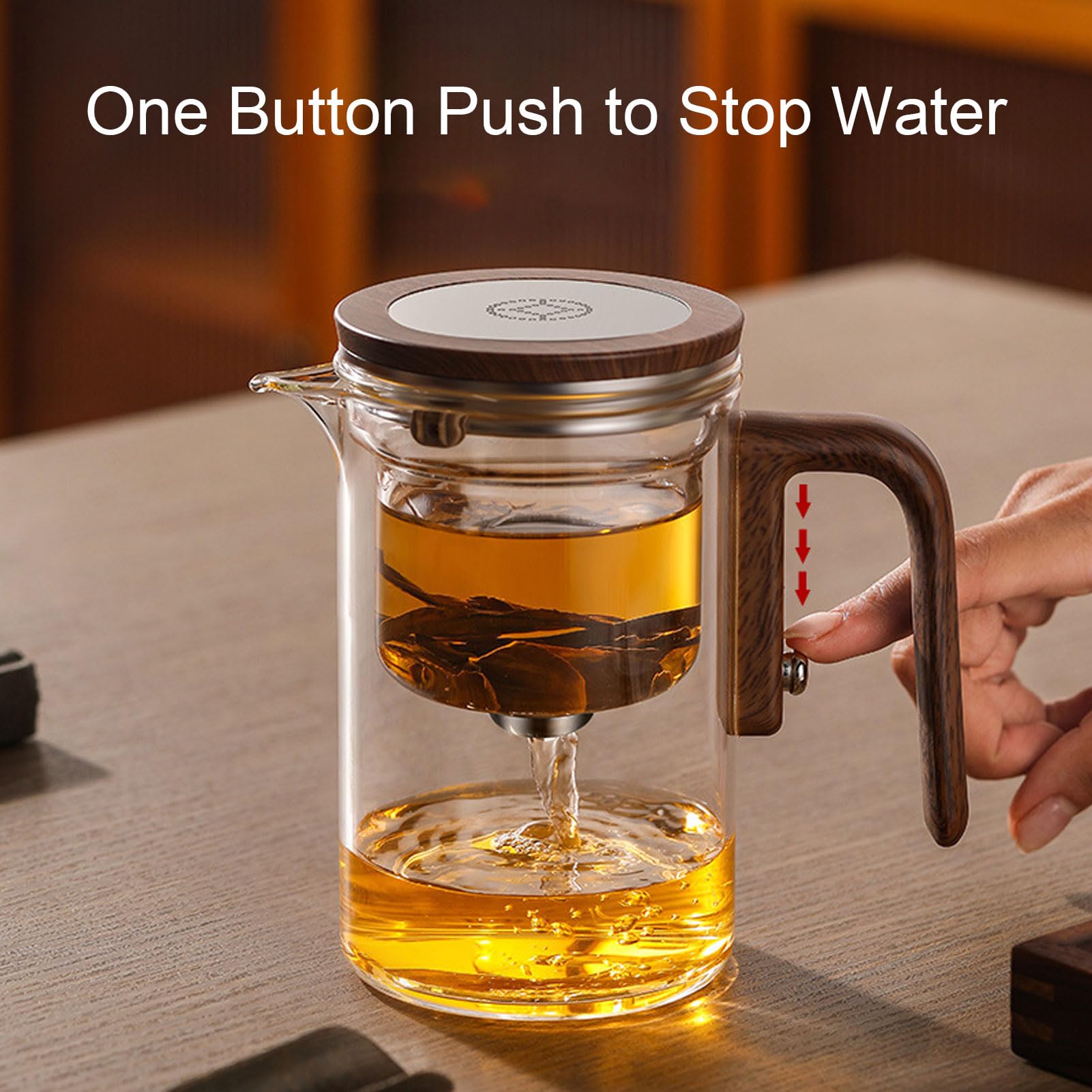 TOPINCN Glas Teekanne mit Sieb, 800 Ml, Wassertrennung, Klare Teekanne mit Holzgriff, Sicherer Deckel, Magnetschalter Zum Aufbrühen Verschiedener Teesorten