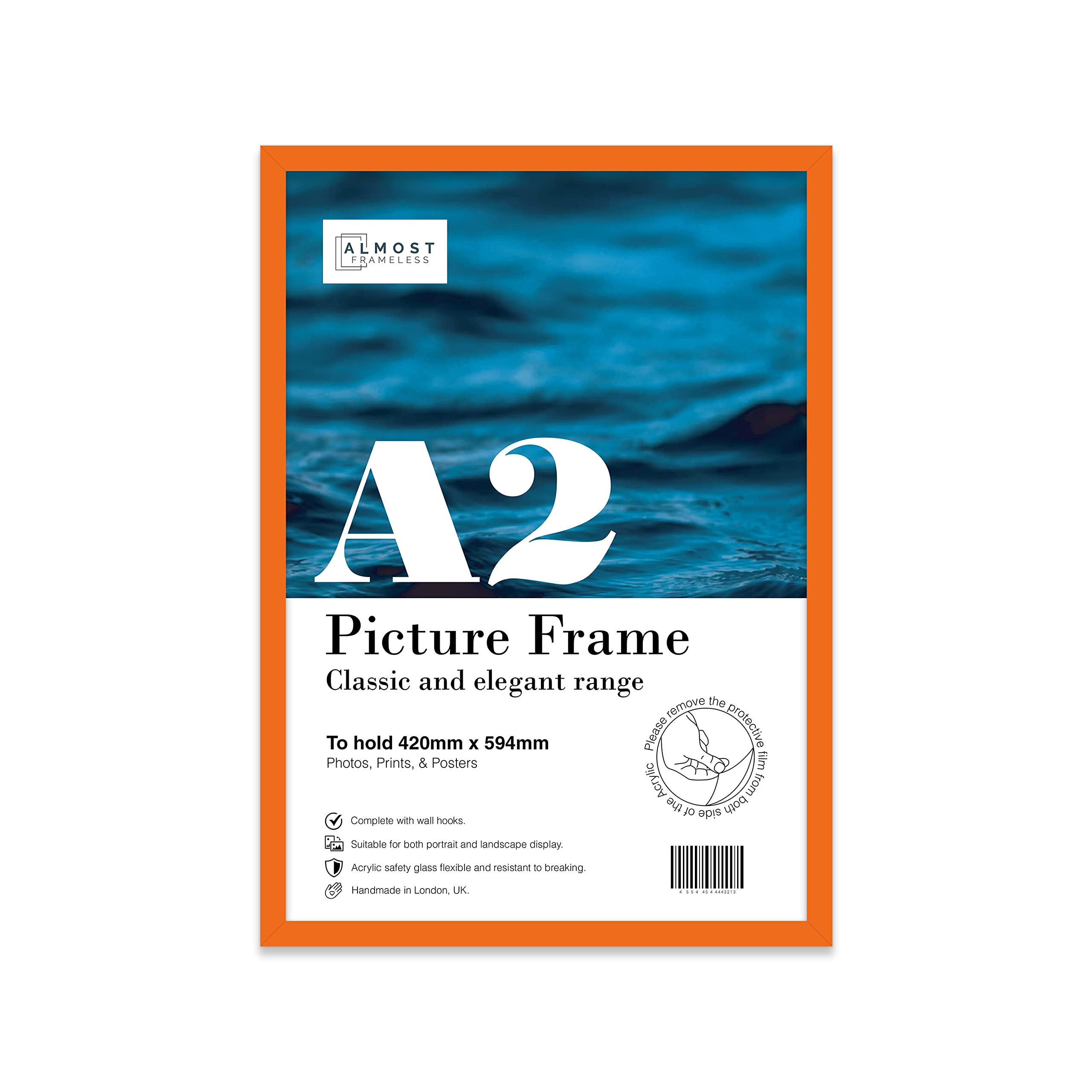 Almost Frameless Orange A2 Picture Frame Fits A2 (42 X 59.4Cm - 16.5 X 23.4In) Poster, Photo, Artwork, Or Print. Thin Edge Slim Frame Portrait And Landscape Display With Wall Hooks