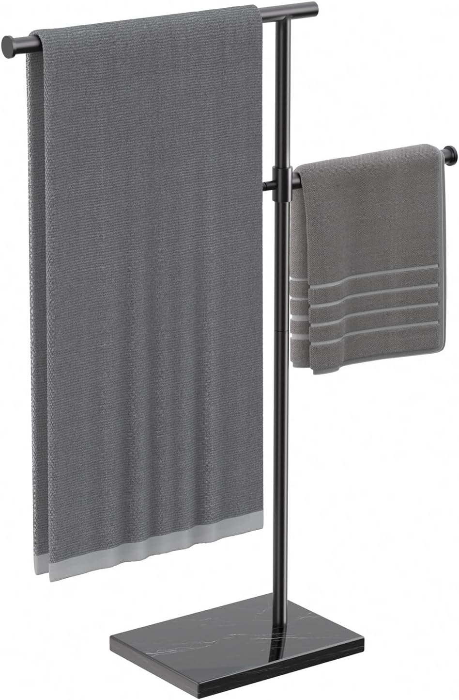 40" Free Standing Towel Rack for Bathroom with Weighted Marble Base, Height Adjustable & 360° Swivel Bars, Taller Rustproof 304 Stainless Steel, 2-Tier Floor Towel Stand for Bathtub