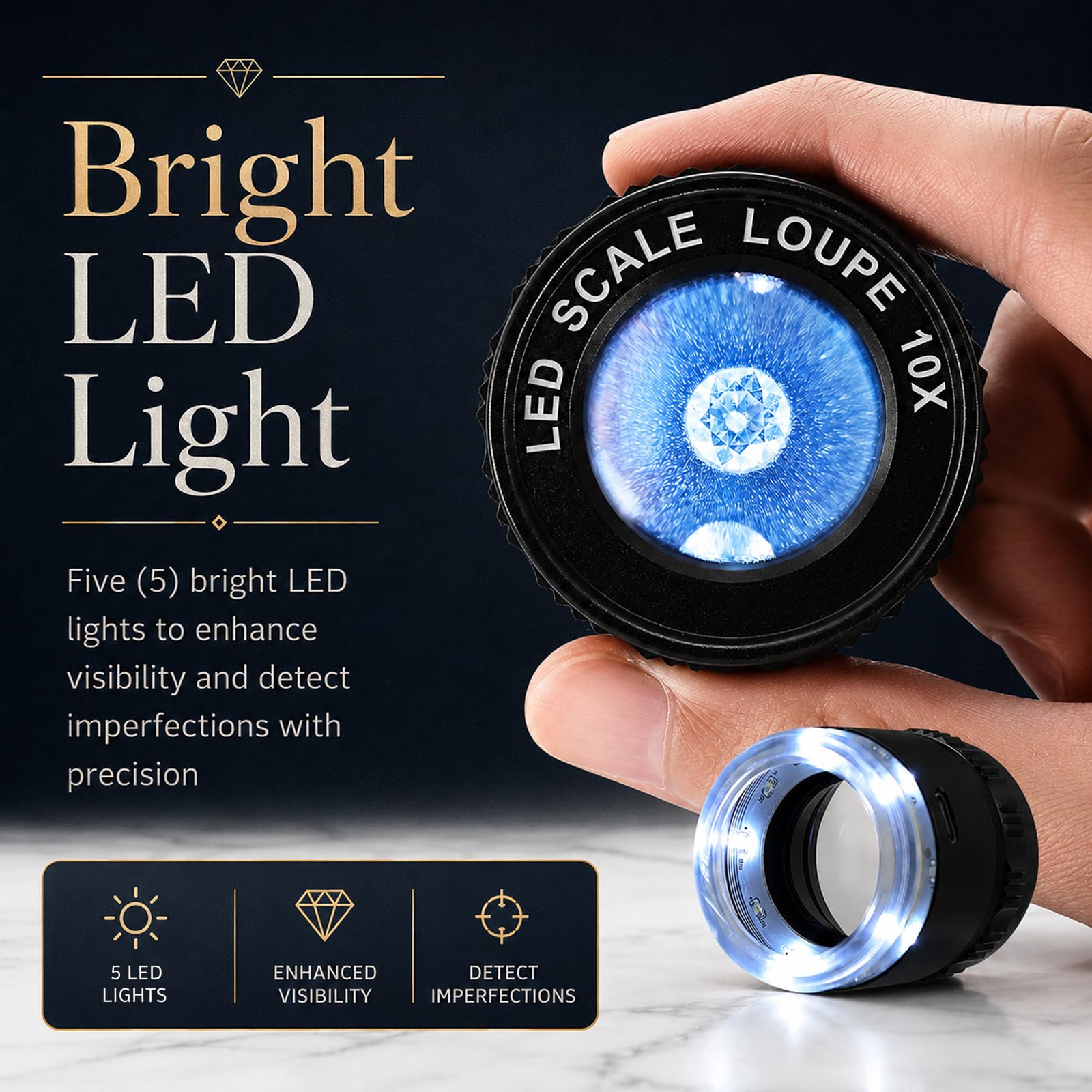 10-Fach Vergrößernde, Wiederaufladbare LED-Schmucklupe mit UV-Licht, Einstellbarem Fokus und Helligkeit | Professionelle Lupe mit Glas-Fadenkreuzskala für Edelsteine, Schmuck, Münzen und Briefmarken