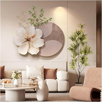 Decorative Painting with Clock Living Room Decorative Painting with Clock 3D Modern Flower Sandstone Painting Mute Clock Fashion Creative Decoration Wall Clock Wall LampPurple