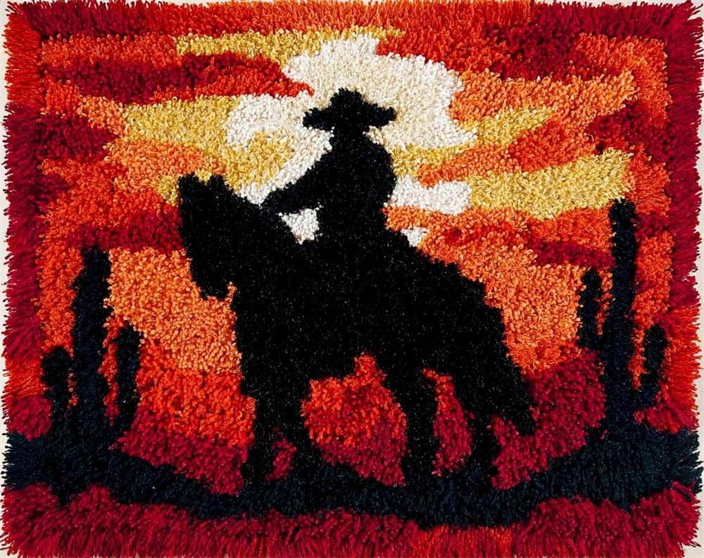 Kitquiver Rug Making Kits for Adults Latch Hook Sunset Rider Crafts Crochet Yarn with Pre-Printed DIY Handmade Embroidery Needlework for Home Decoration 15X20In